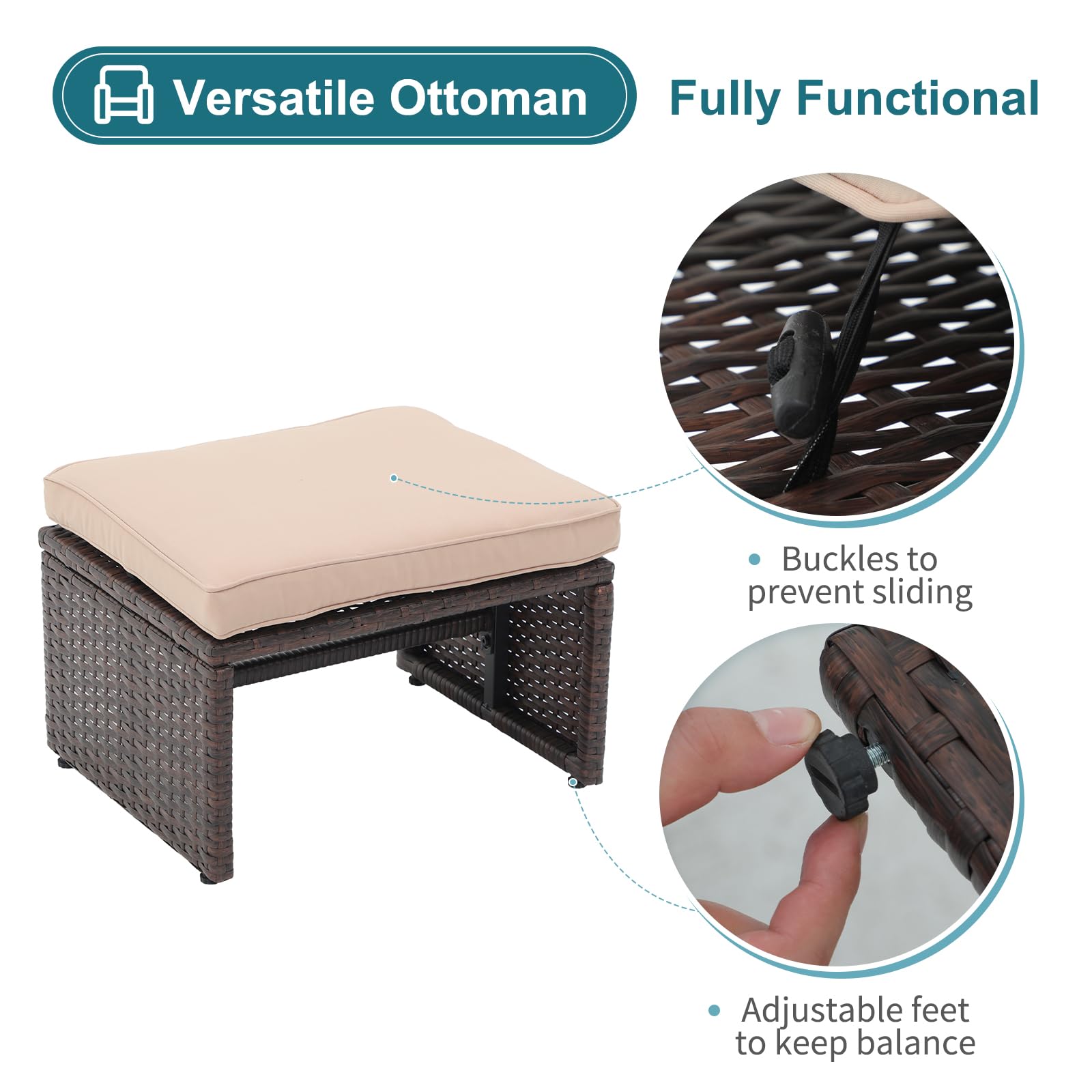 5pcs Brown Wicker Patio Bistro Set, with Pull Out Ottomans & Storage Side Table, 3 Cushion Colors