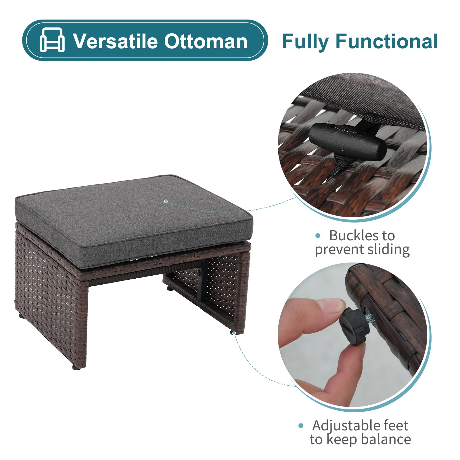 5pcs Brown Wicker Patio Bistro Set, with Pull Out Ottomans & Storage Side Table, 3 Cushion Colors