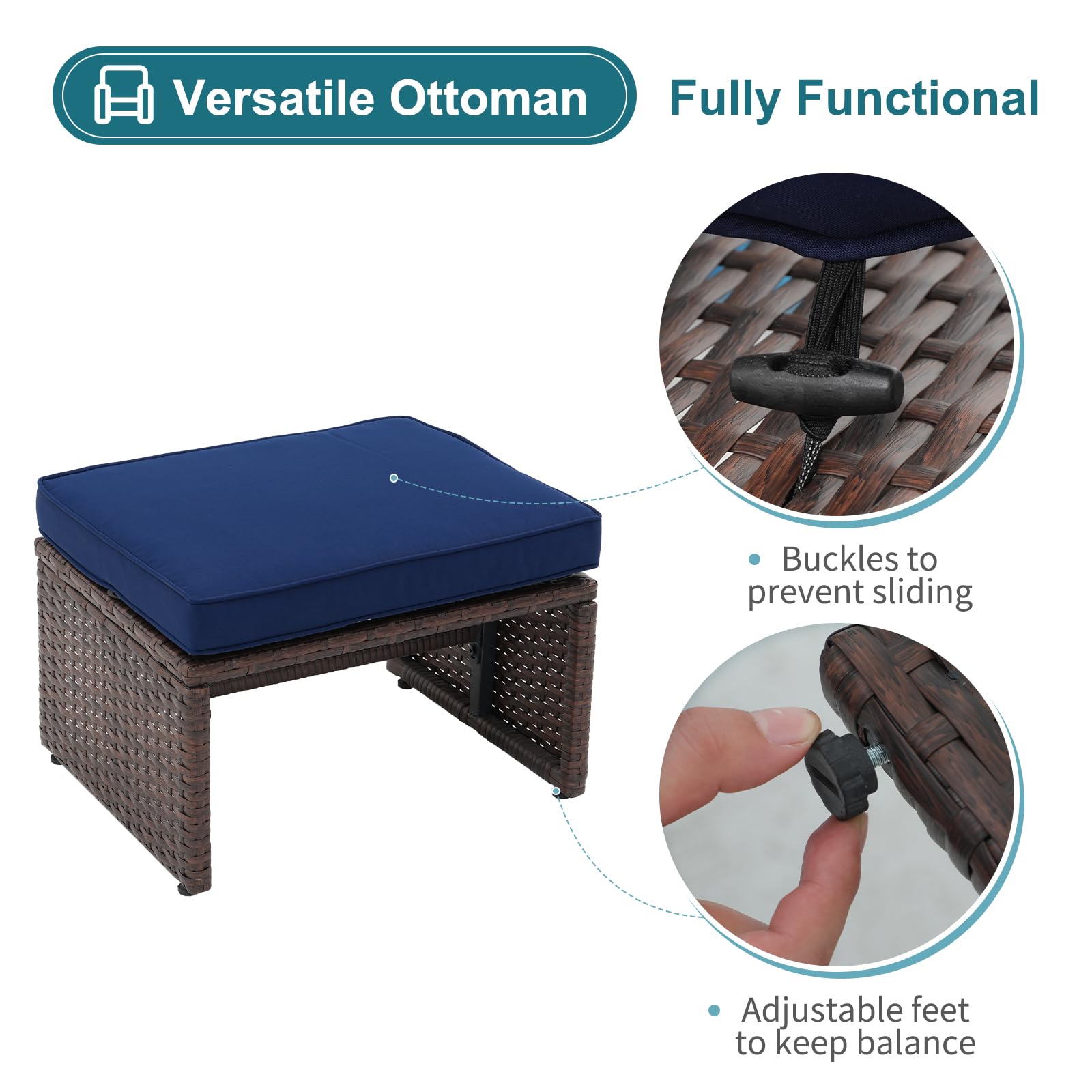 5pcs Brown Wicker Patio Bistro Set, with Pull Out Ottomans & Storage Side Table, 3 Cushion Colors