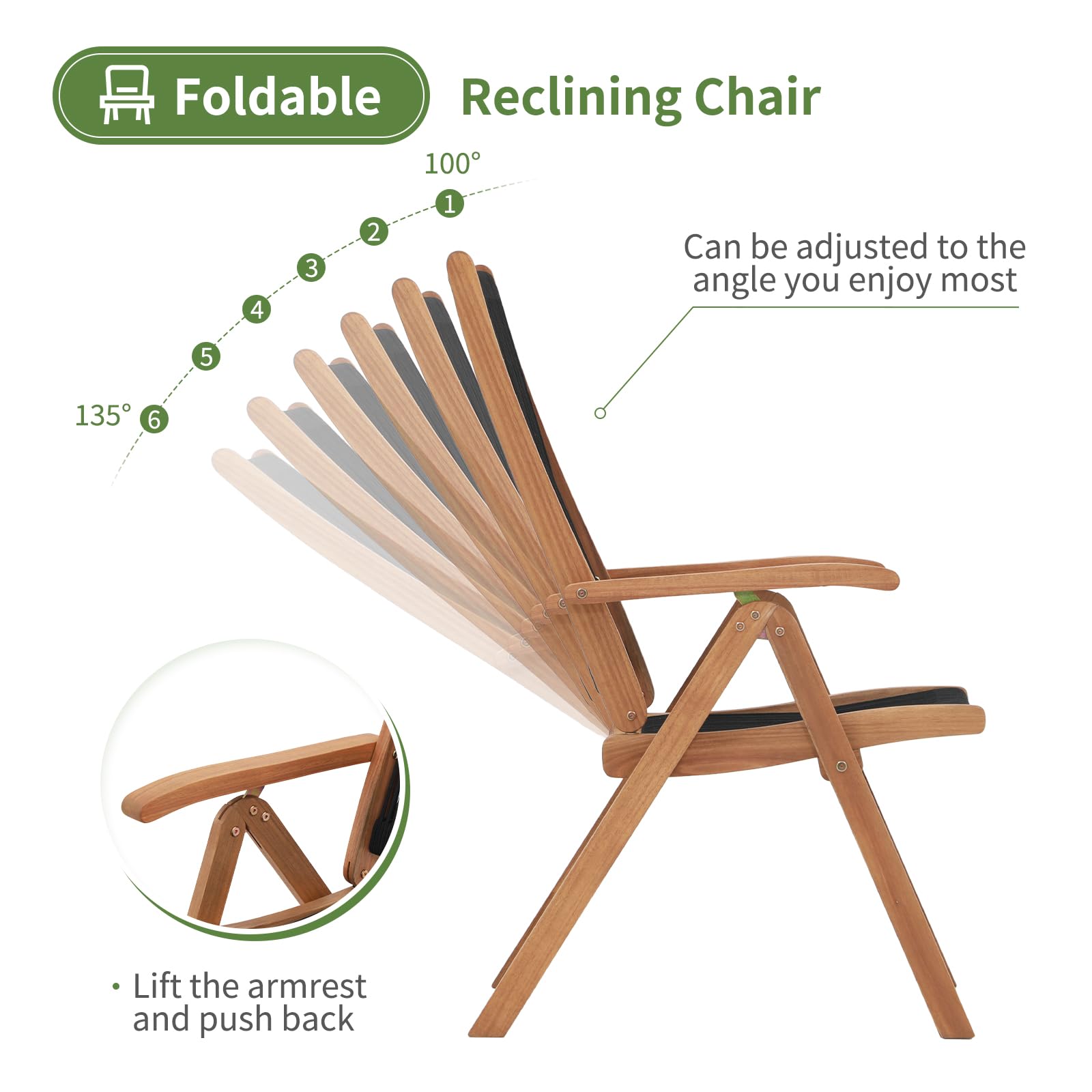 2pcs Folding Patio Dining Chairs, Outdoor Acacia Wooden Rope Reclining Chair w/Armrest, FSC Certified Wood,