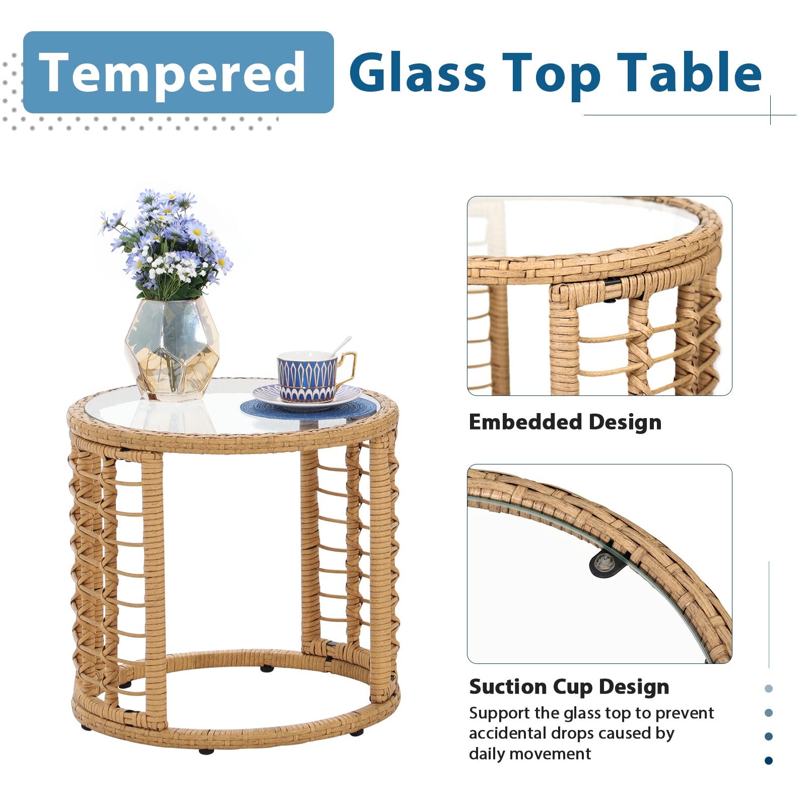 3 Piece Outdoor Wicker Furniture Bistro Set, Patio Rattan Conversation Set with Round Glass Top Coffee Side Table