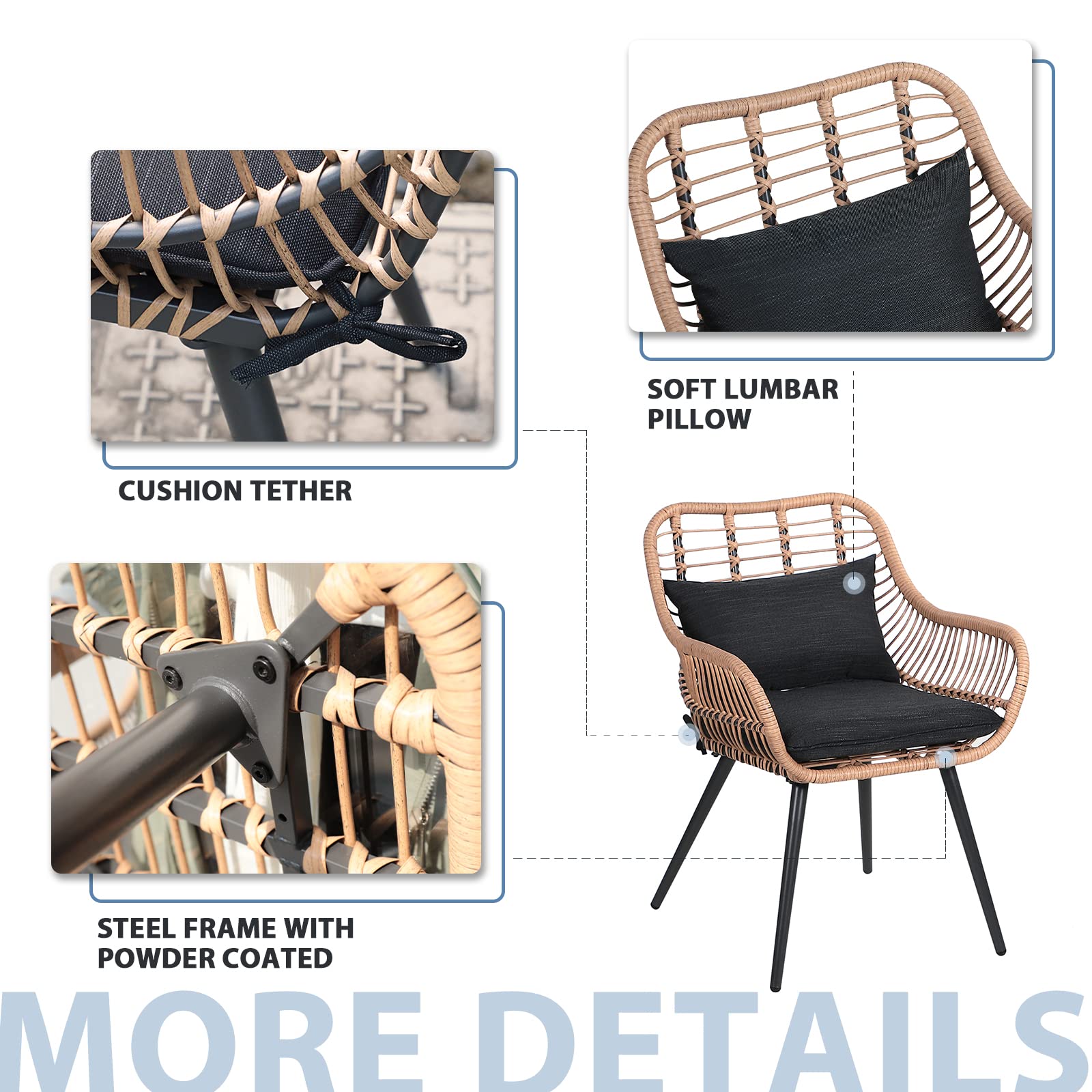 3 Piece Outdoor Wicker Furniture Bistro Set, Patio Rattan Conversation Set with Round Glass Top Coffee Side Table