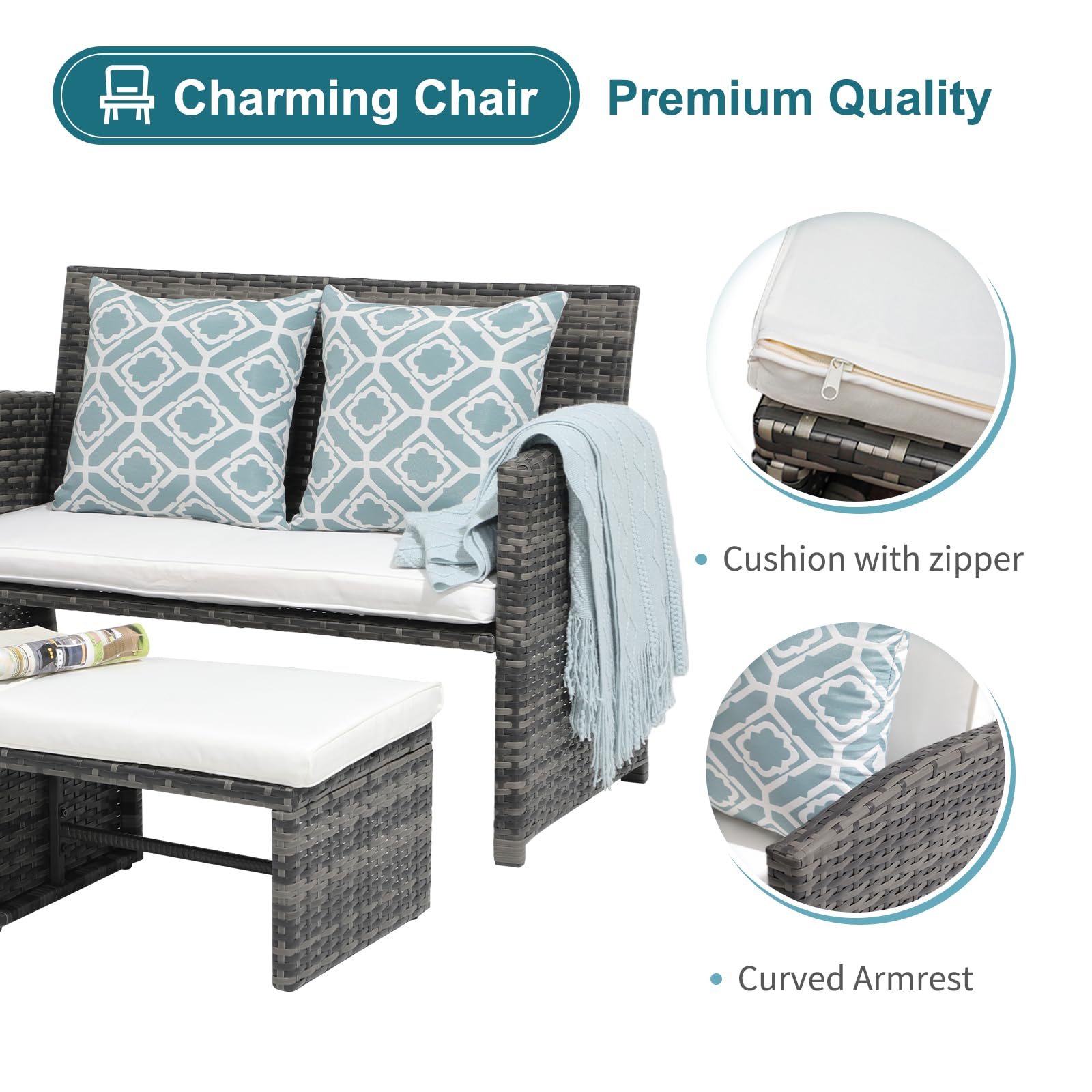 3pcs Small All Weather Wicker Outdoor Loveseat with Ottomans