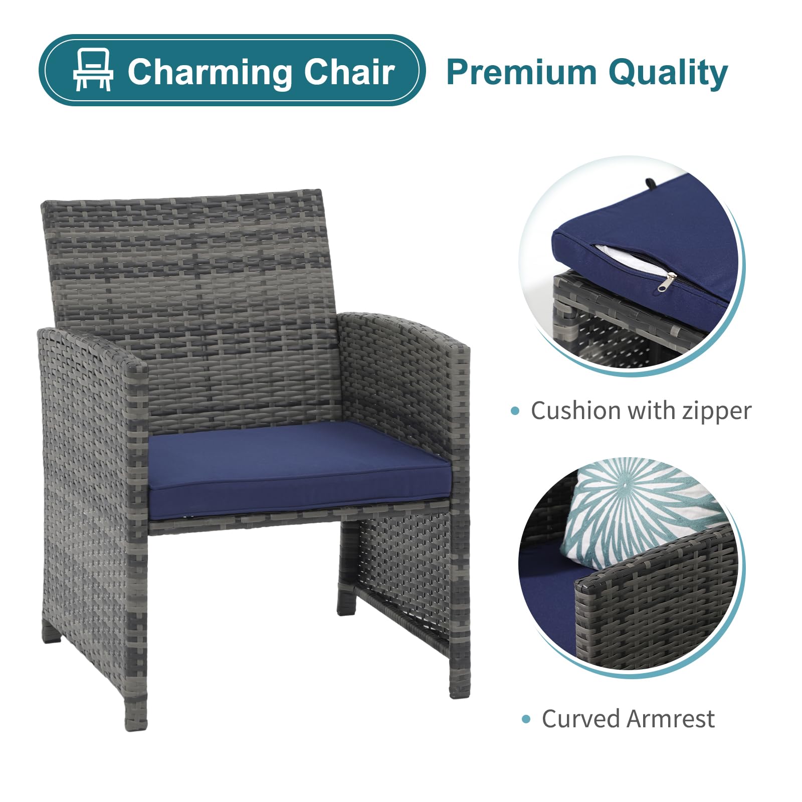 5pcs Wicker Patio Chair with Pull Out Ottomans & Storage Side Table,3 Cushon Colors