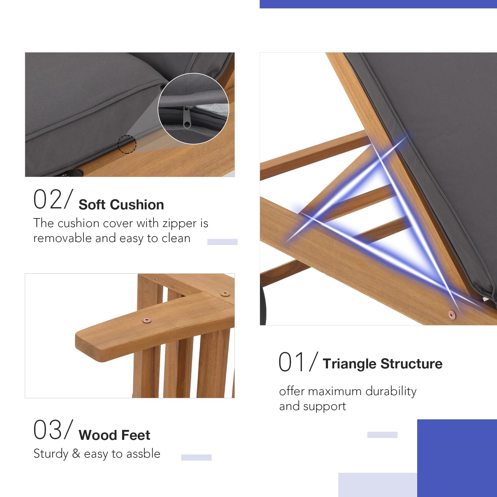 1-2 Pcs Folding Lounge Chair Acacia Wood Chaise Lounge, with Wheels, 2 Colors