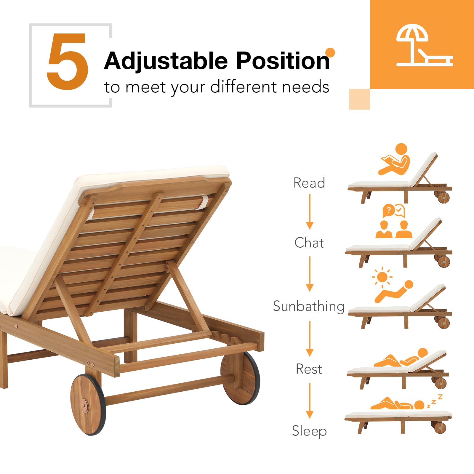 1-2 Pcs Folding Lounge Chair Acacia Wood Chaise Lounge, with Wheels, 2 Colors