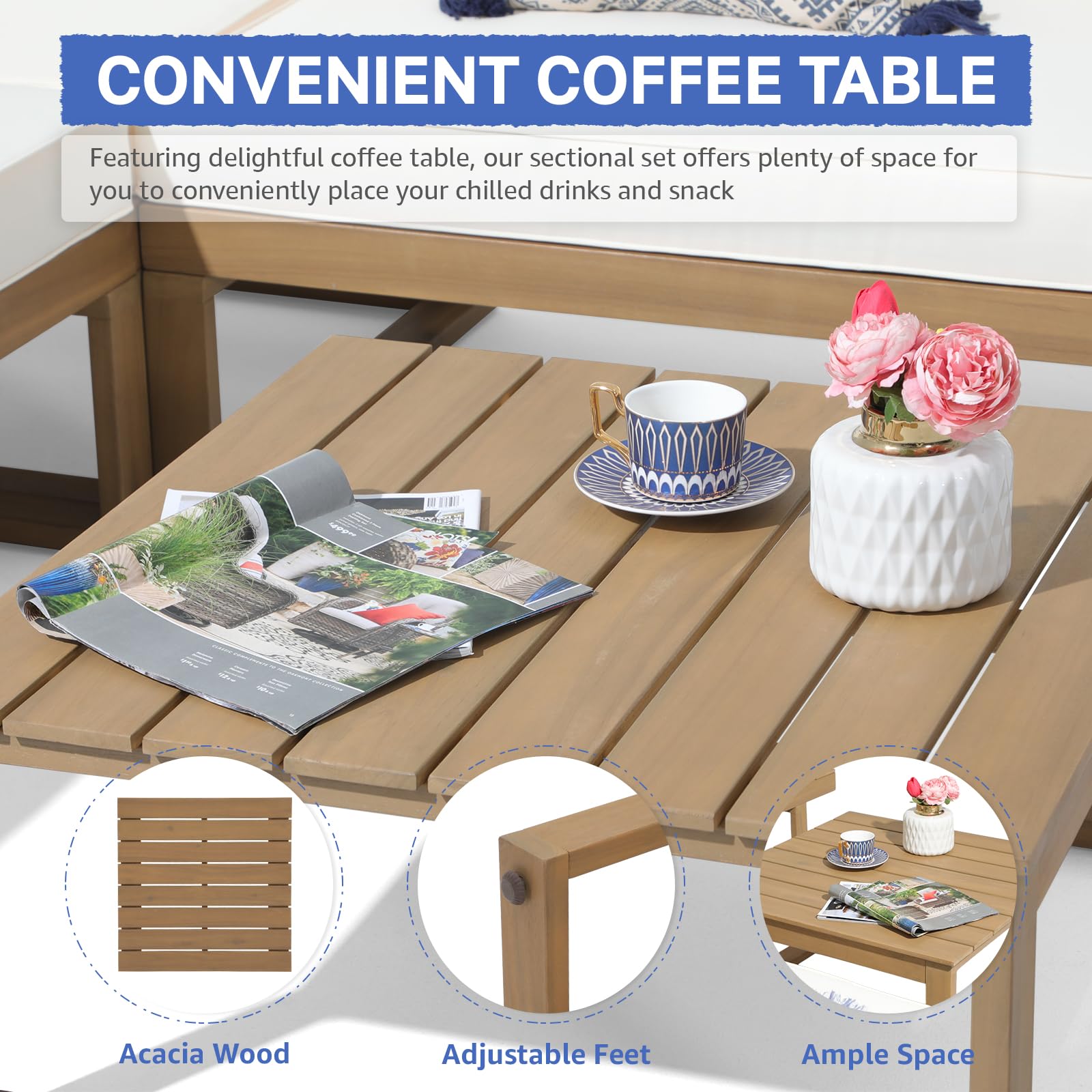 6 Seats Teak Outdoor Sectional Set L-Shaped Patio Seating Set with Cushions, 2 Colors