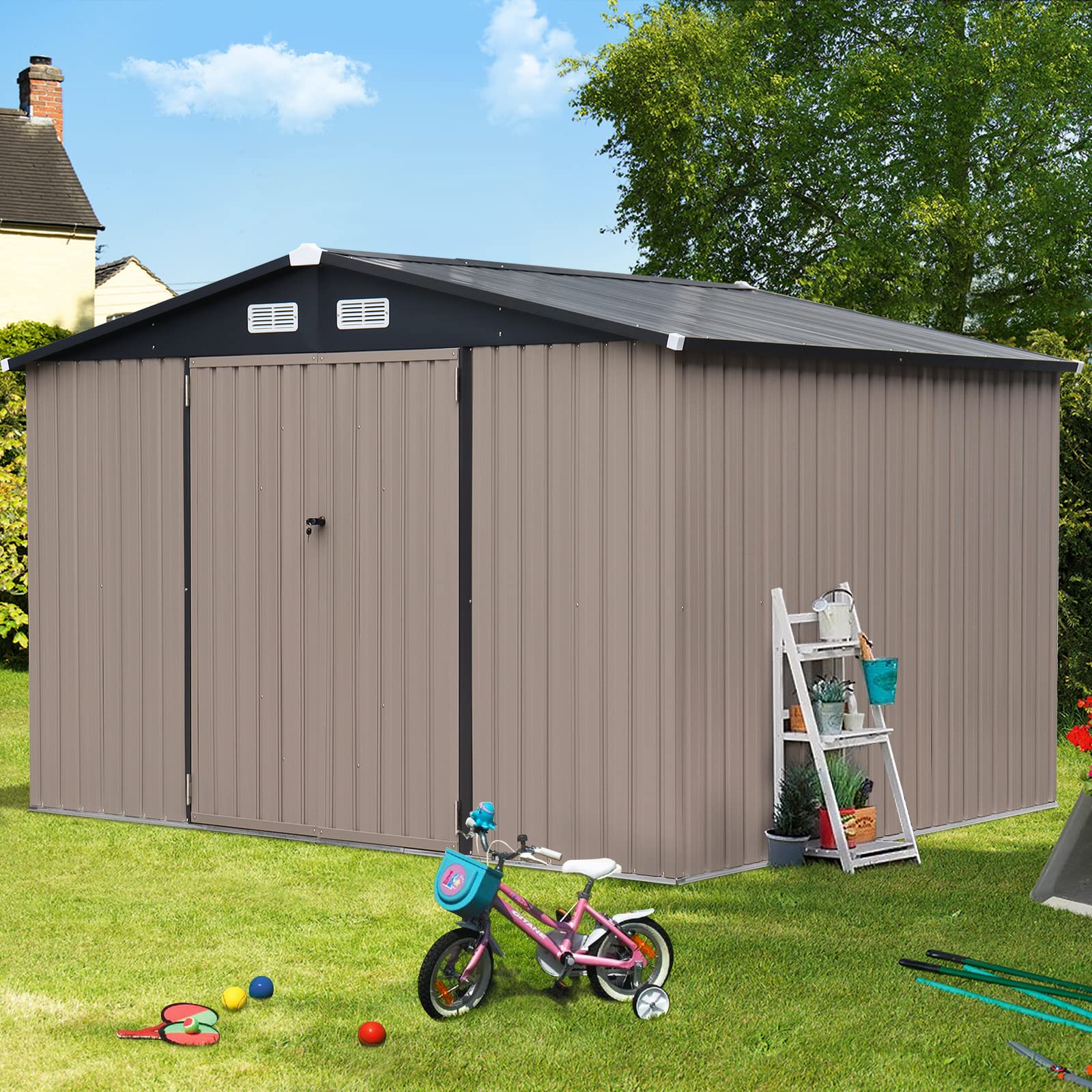 10' x 8' Outdoor Storage Shed, Metal Garden Tool Shed with Lockable Door