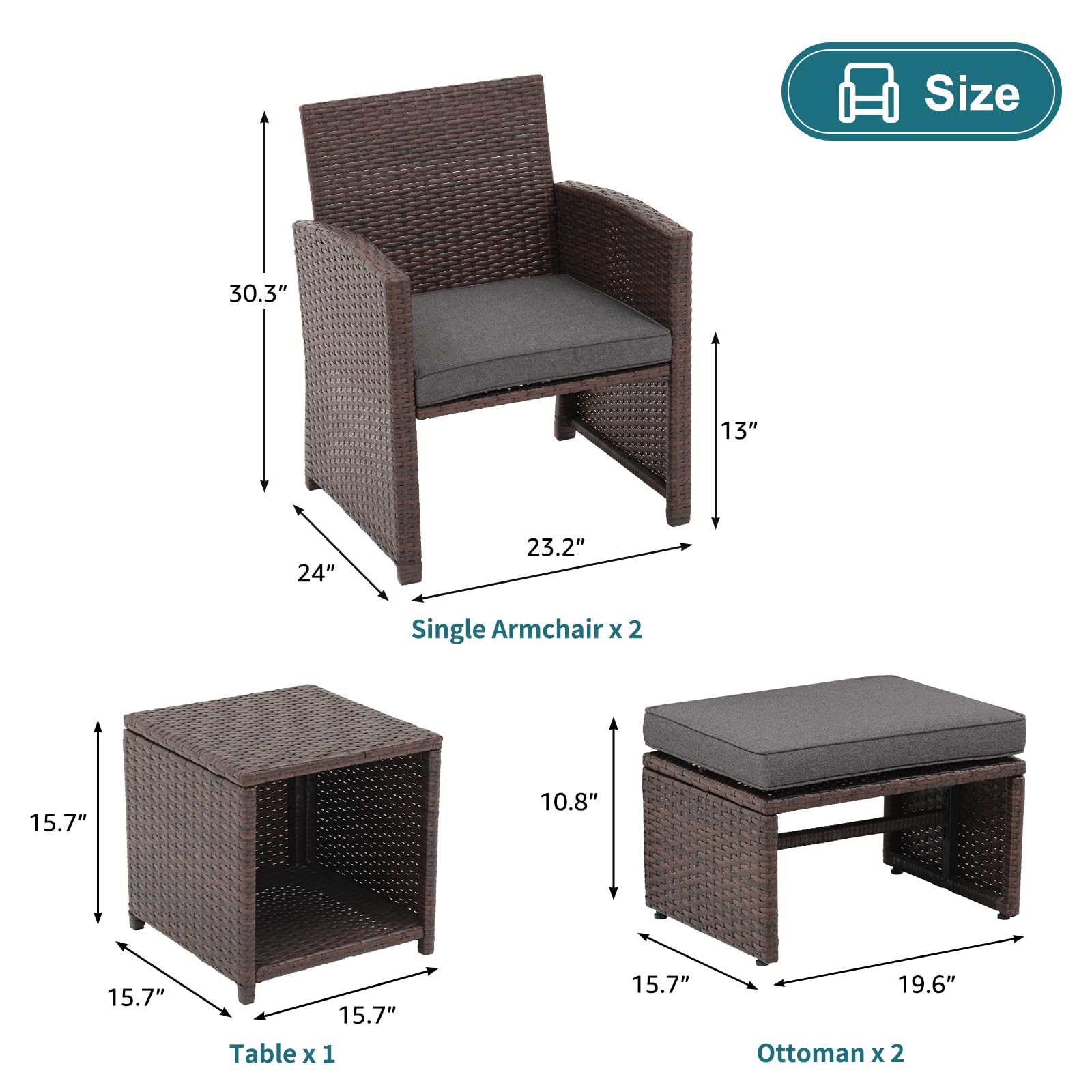 5pcs Brown Wicker Patio Bistro Set, with Pull Out Ottomans & Storage Side Table, 3 Cushion Colors