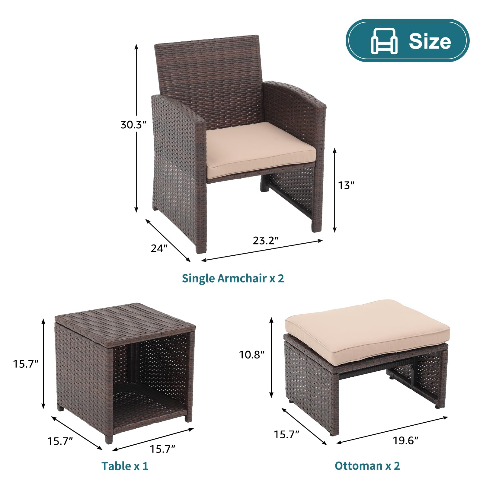 5pcs Brown Wicker Patio Bistro Set, with Pull Out Ottomans & Storage Side Table, 3 Cushion Colors