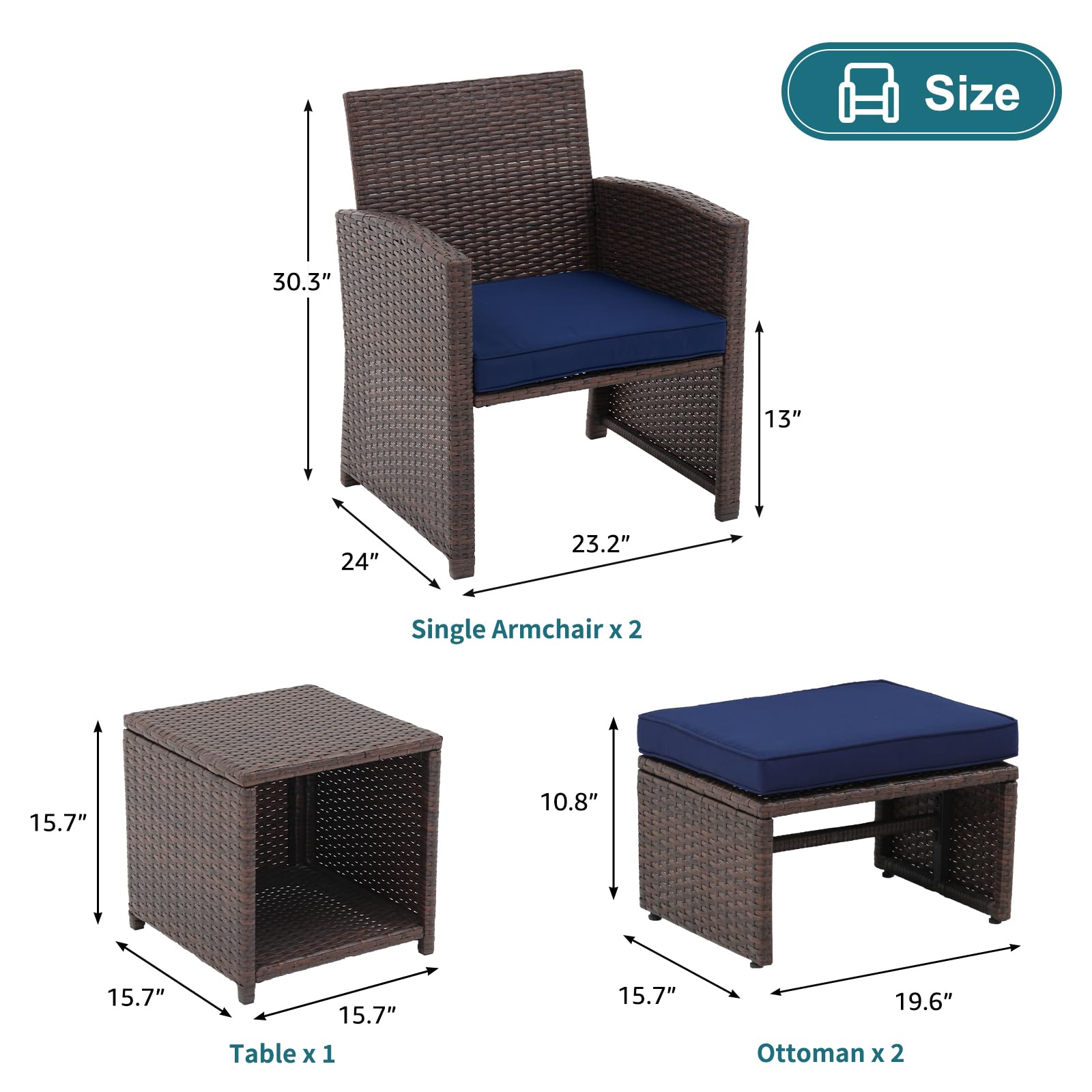 5pcs Brown Wicker Patio Bistro Set, with Pull Out Ottomans & Storage Side Table, 3 Cushion Colors