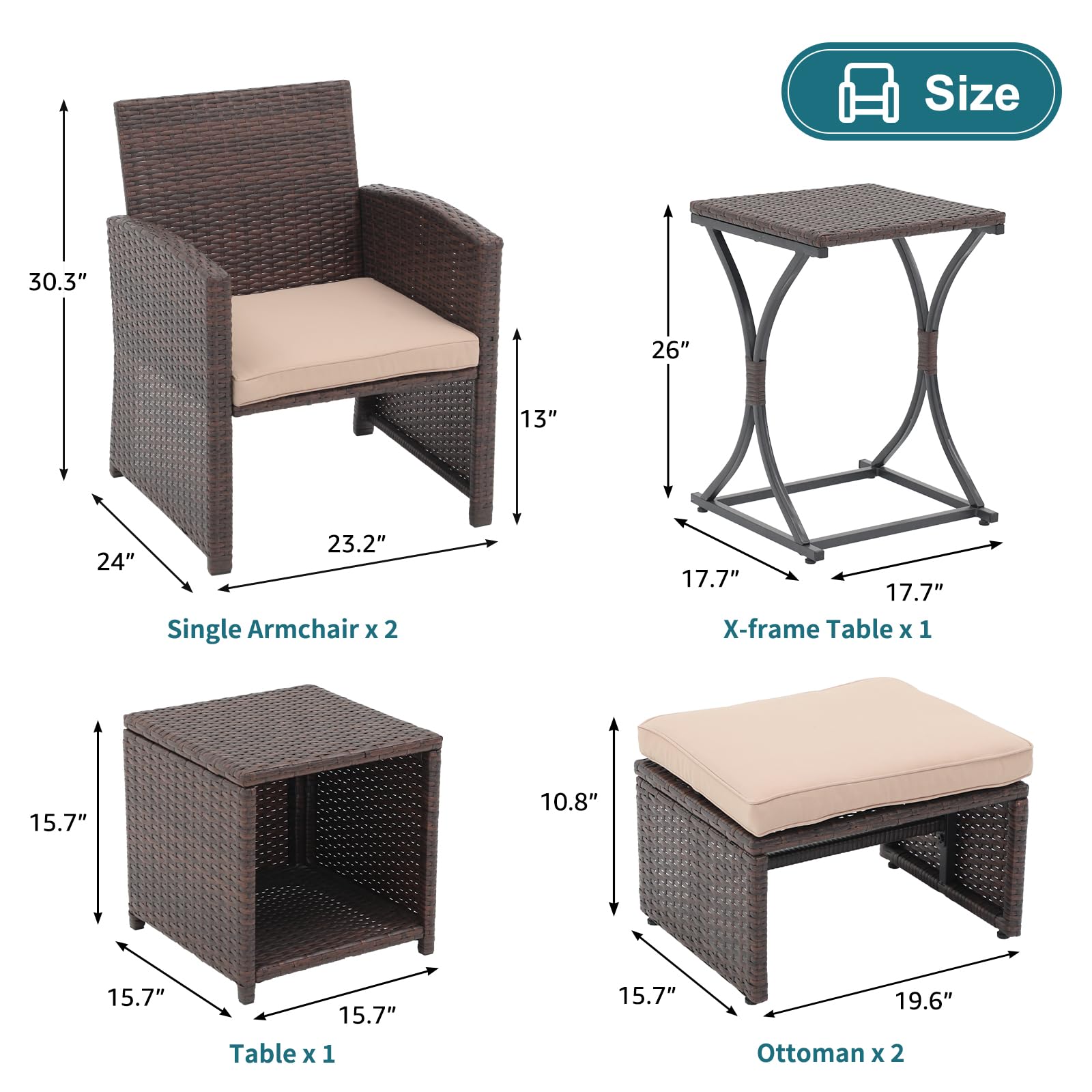 6pcs Brown Wicker Outdoor Conversation Set, Patio Chairs with Ottomans & 2 Side Tables,3 Cushion colors