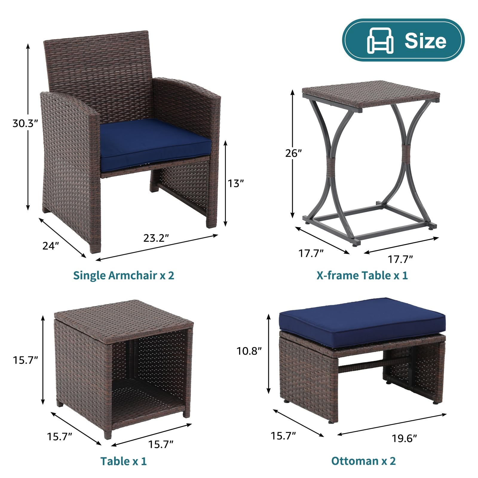 6pcs Brown Wicker Outdoor Conversation Set, Patio Chairs with Ottomans & 2 Side Tables,3 Cushion colors