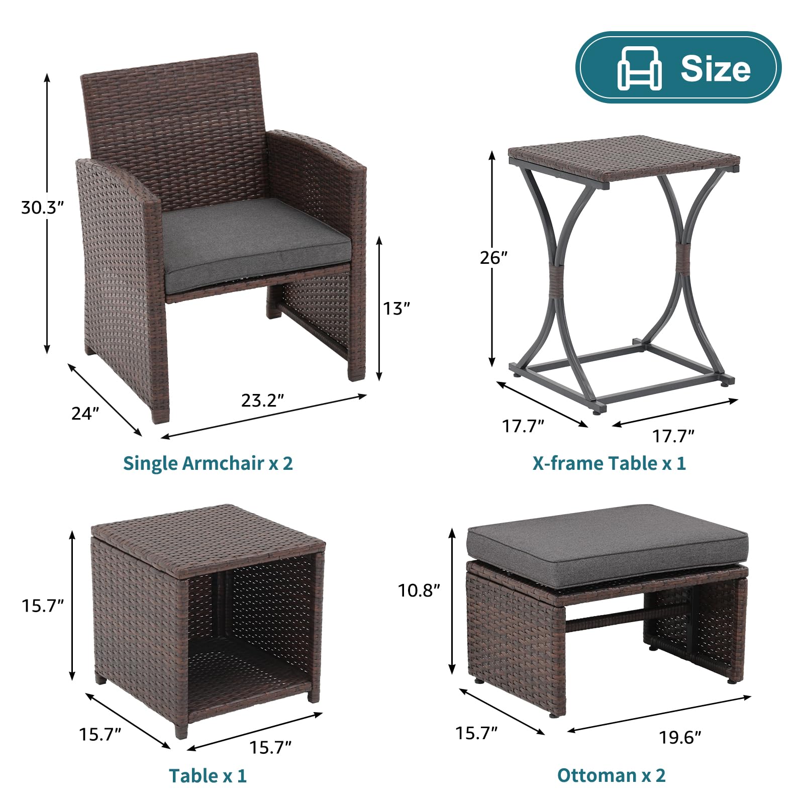 6pcs Brown Wicker Outdoor Conversation Set, Patio Chairs with Ottomans & 2 Side Tables,3 Cushion colors