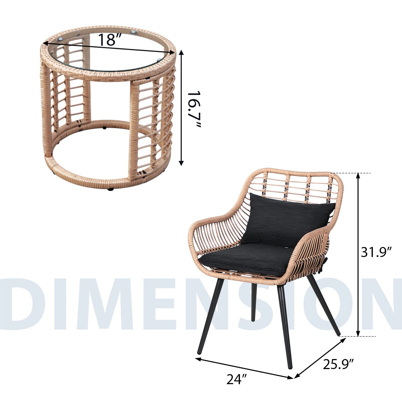 3 Piece Outdoor Wicker Furniture Bistro Set, Patio Rattan Conversation Set with Round Glass Top Coffee Side Table