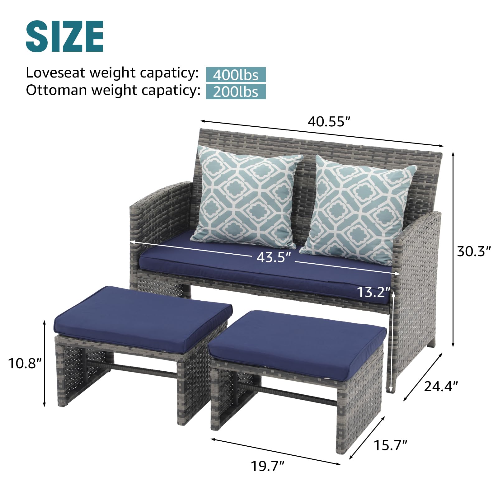 3pcs Small All Weather Wicker Outdoor Loveseat with Ottomans