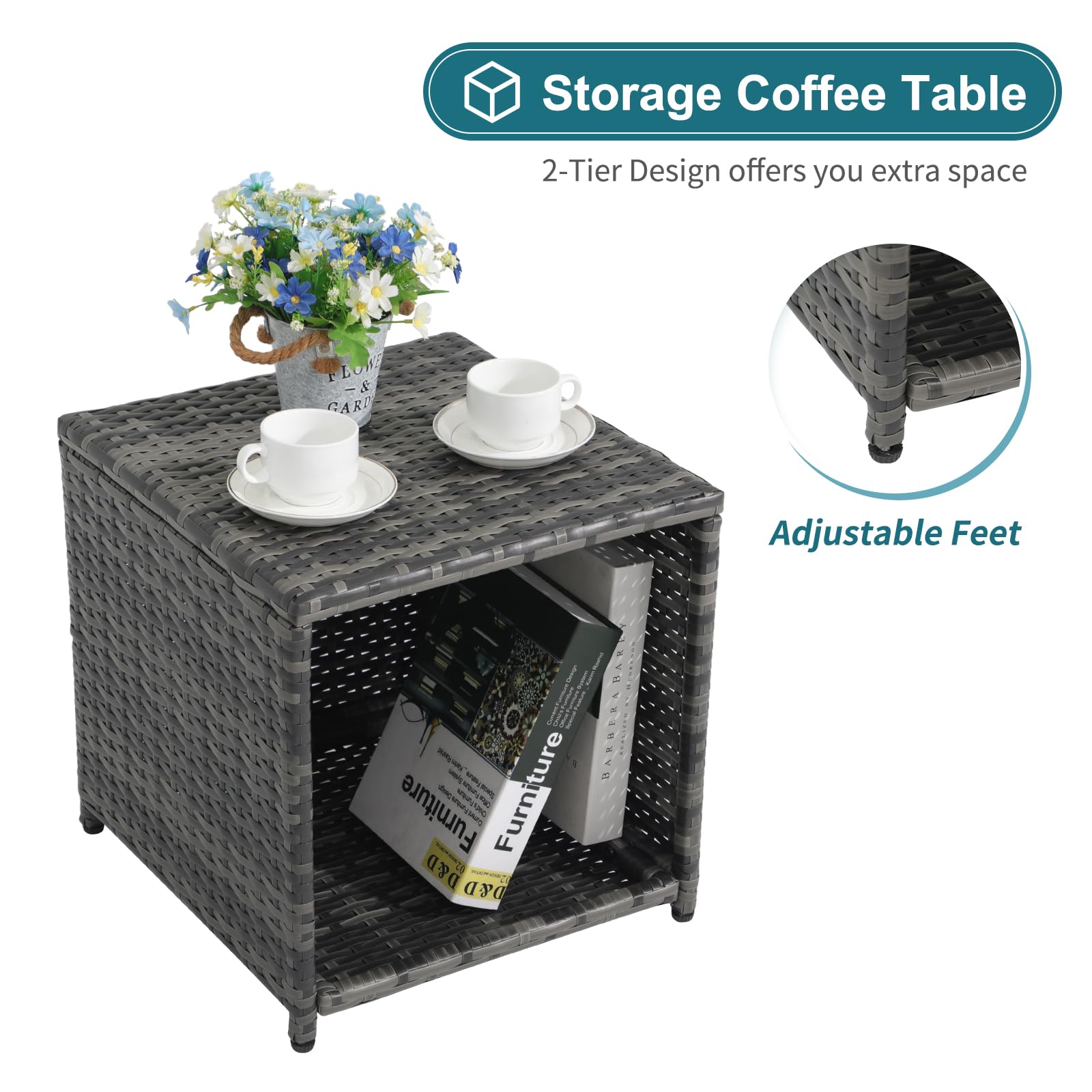 5pcs Wicker Patio Chair with Pull Out Ottomans & Storage Side Table,3 Cushon Colors