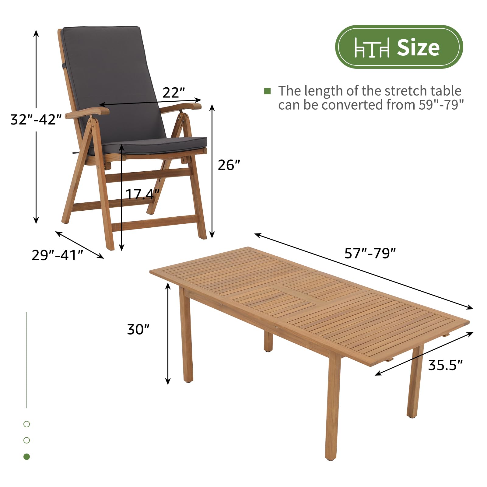7 pcs Outdoor FSC Certified Acacia Wood Dining Set, 6 Foldable Reclining Chair and Extendable Dining Table