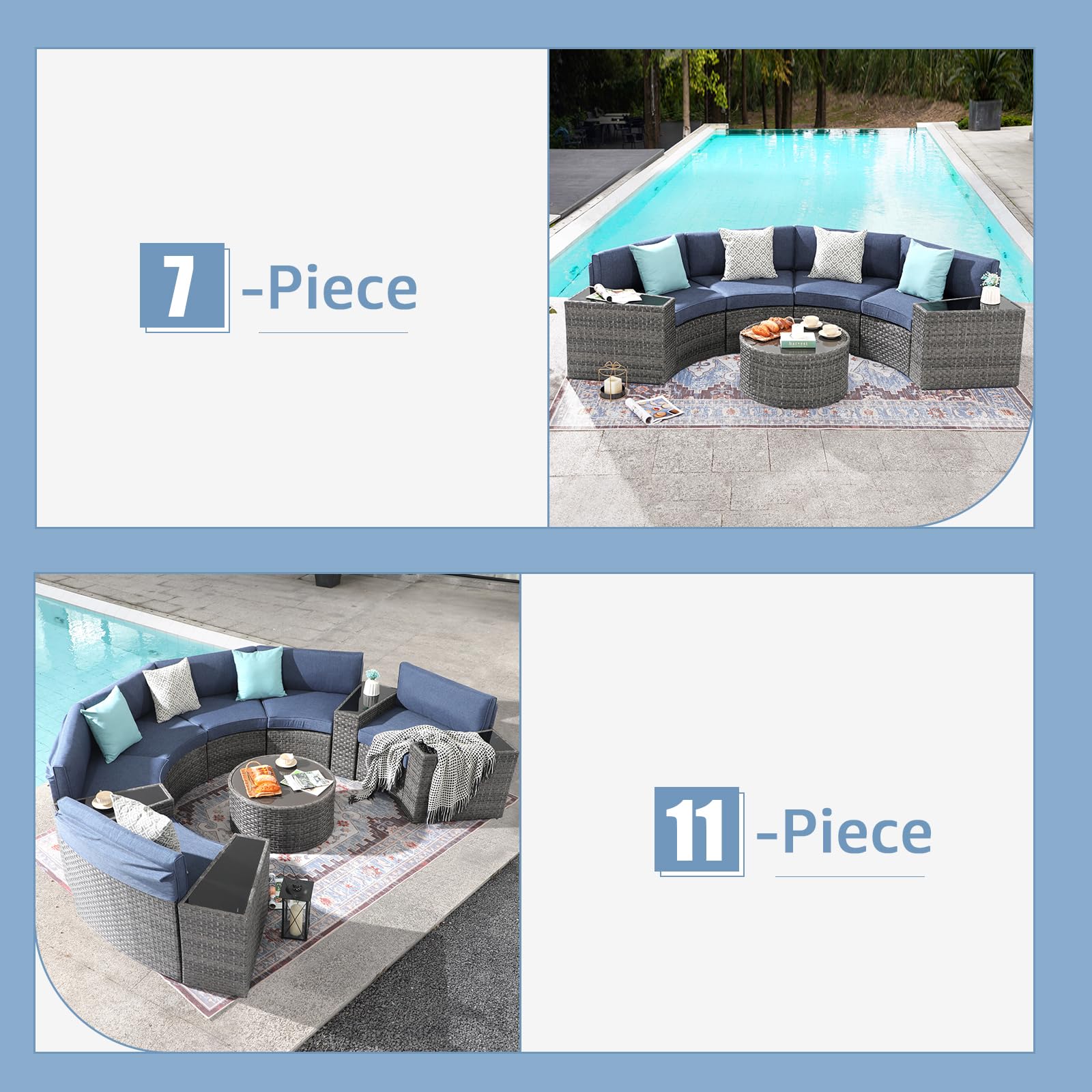 2 pcs Half Moon Armless Sofa Wicker Outdoor Curved Sofa, Brown/Grey