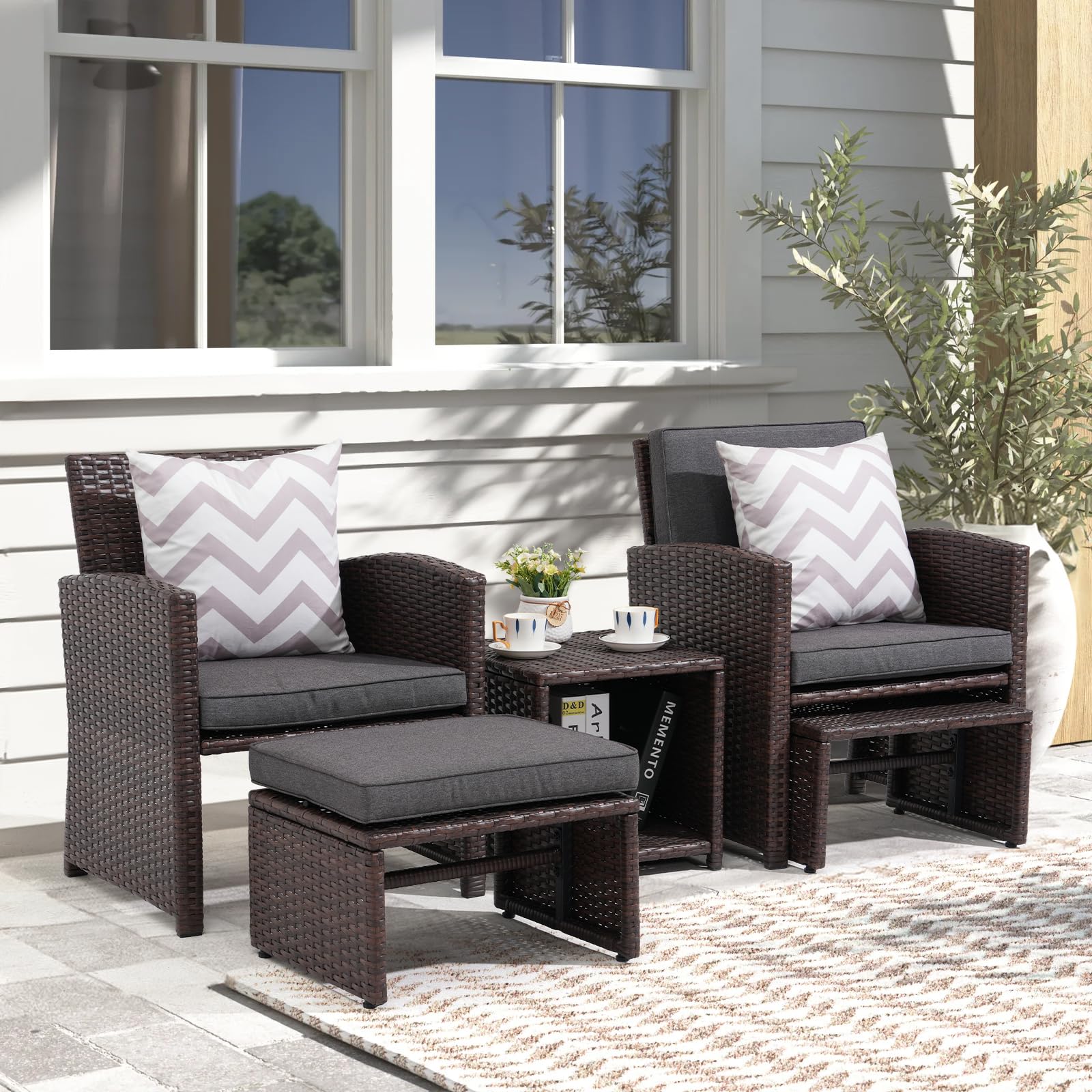 5pcs Brown Wicker Patio Bistro Set, with Pull Out Ottomans & Storage Side Table, 3 Cushion Colors
