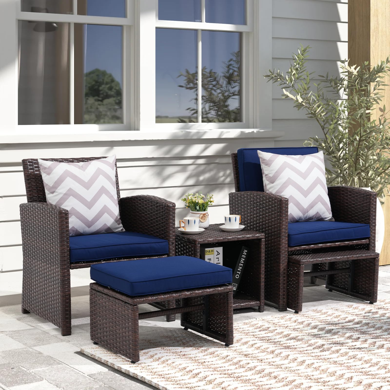 5pcs Brown Wicker Patio Bistro Set, with Pull Out Ottomans & Storage Side Table, 3 Cushion Colors