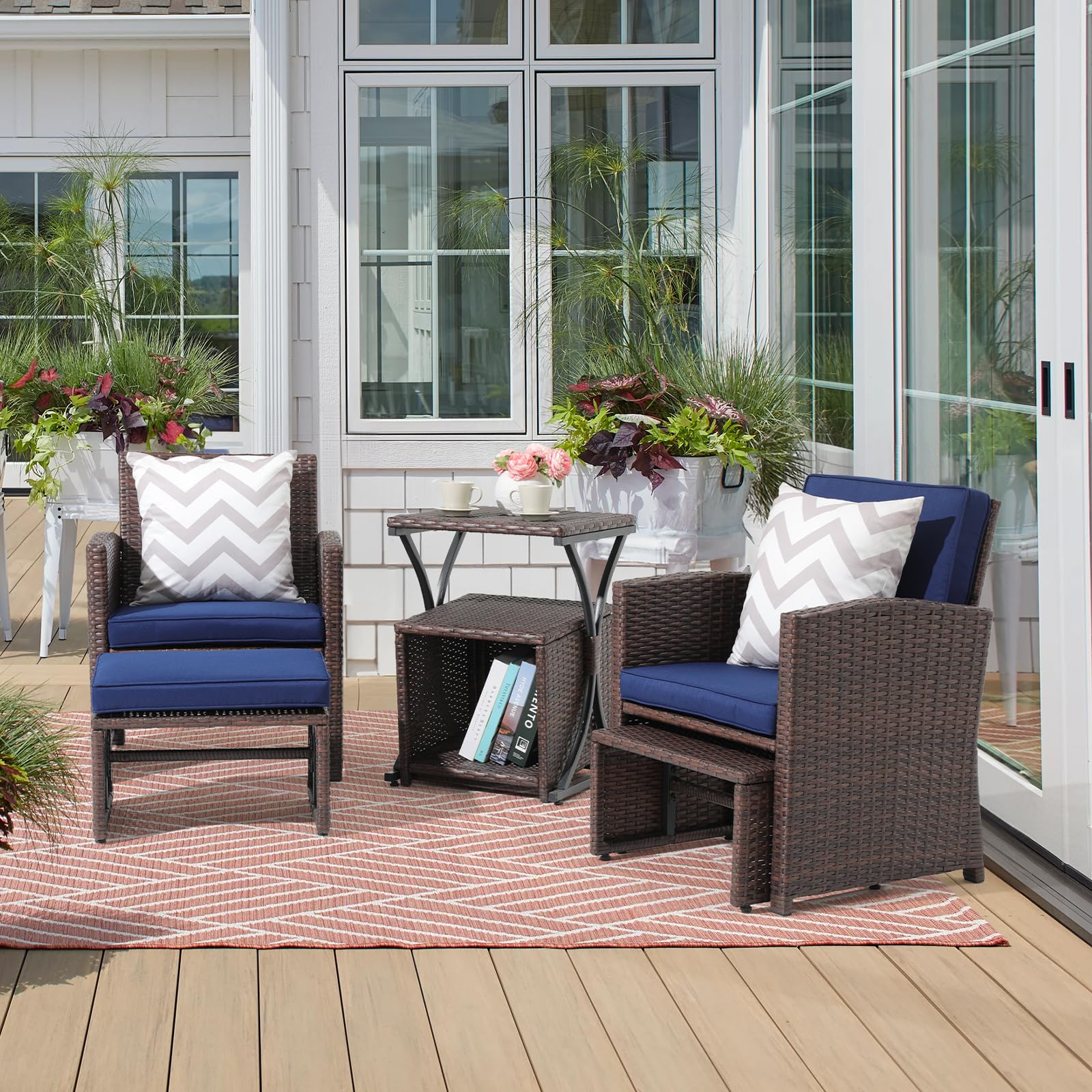 6pcs Brown Wicker Outdoor Conversation Set, Patio Chairs with Ottomans & 2 Side Tables,3 Cushion colors