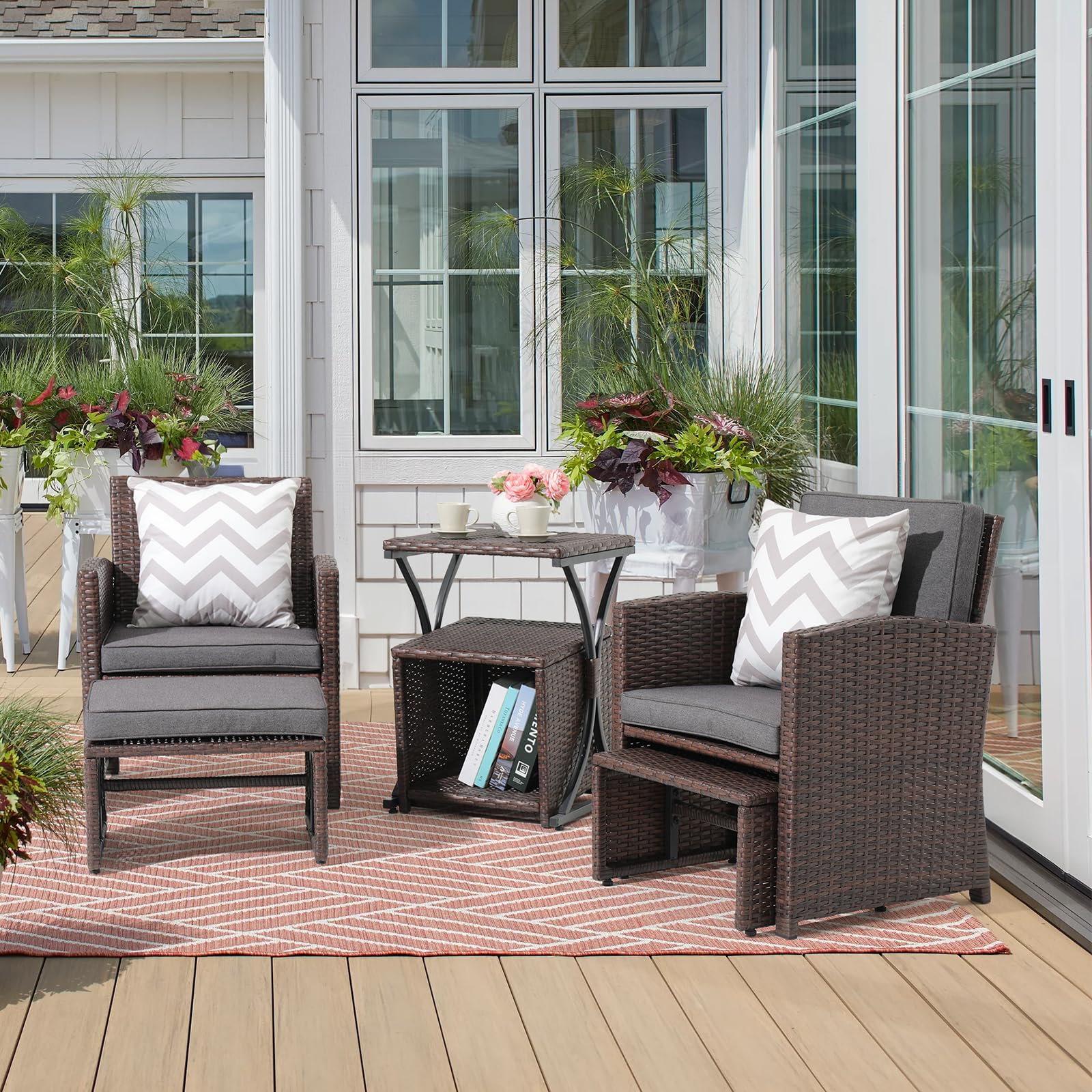 6pcs Brown Wicker Outdoor Conversation Set, Patio Chairs with Ottomans & 2 Side Tables,3 Cushion colors
