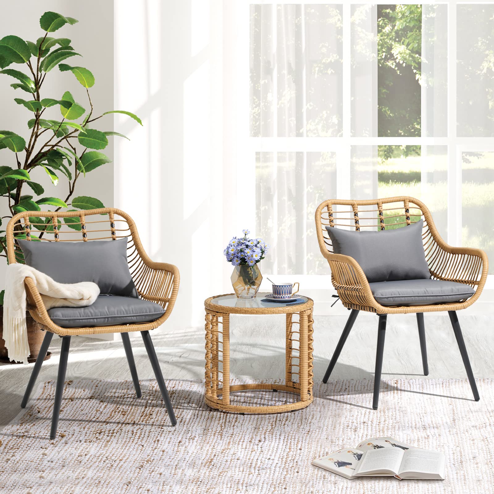 3 Piece Outdoor Wicker Furniture Bistro Set, Patio Rattan Conversation Set with Round Glass Top Coffee Side Table