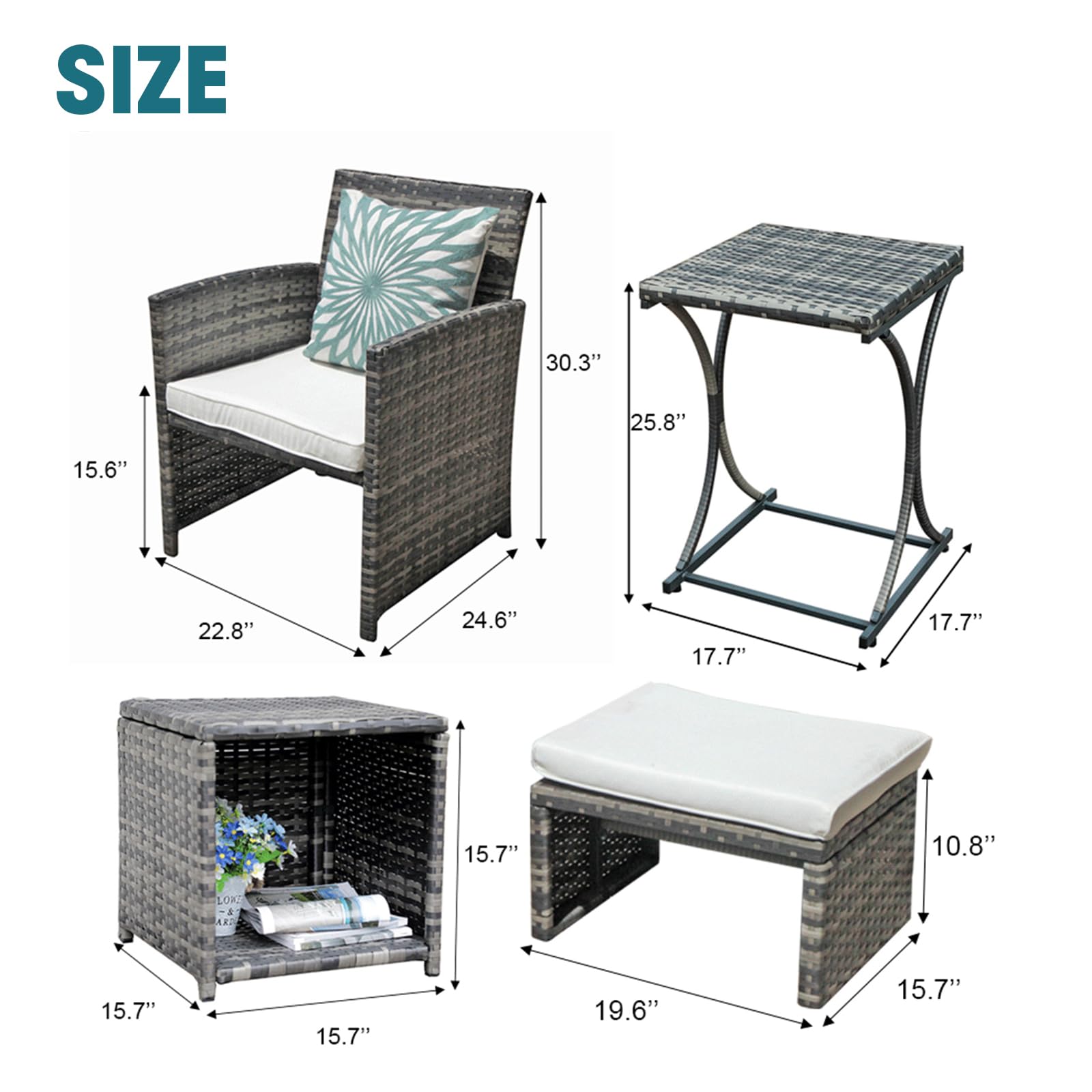 6pcs Wicker Patio Bistro Set Outdoor Conversation Set Patio Chairs with Ottomans & 2 Side Tables