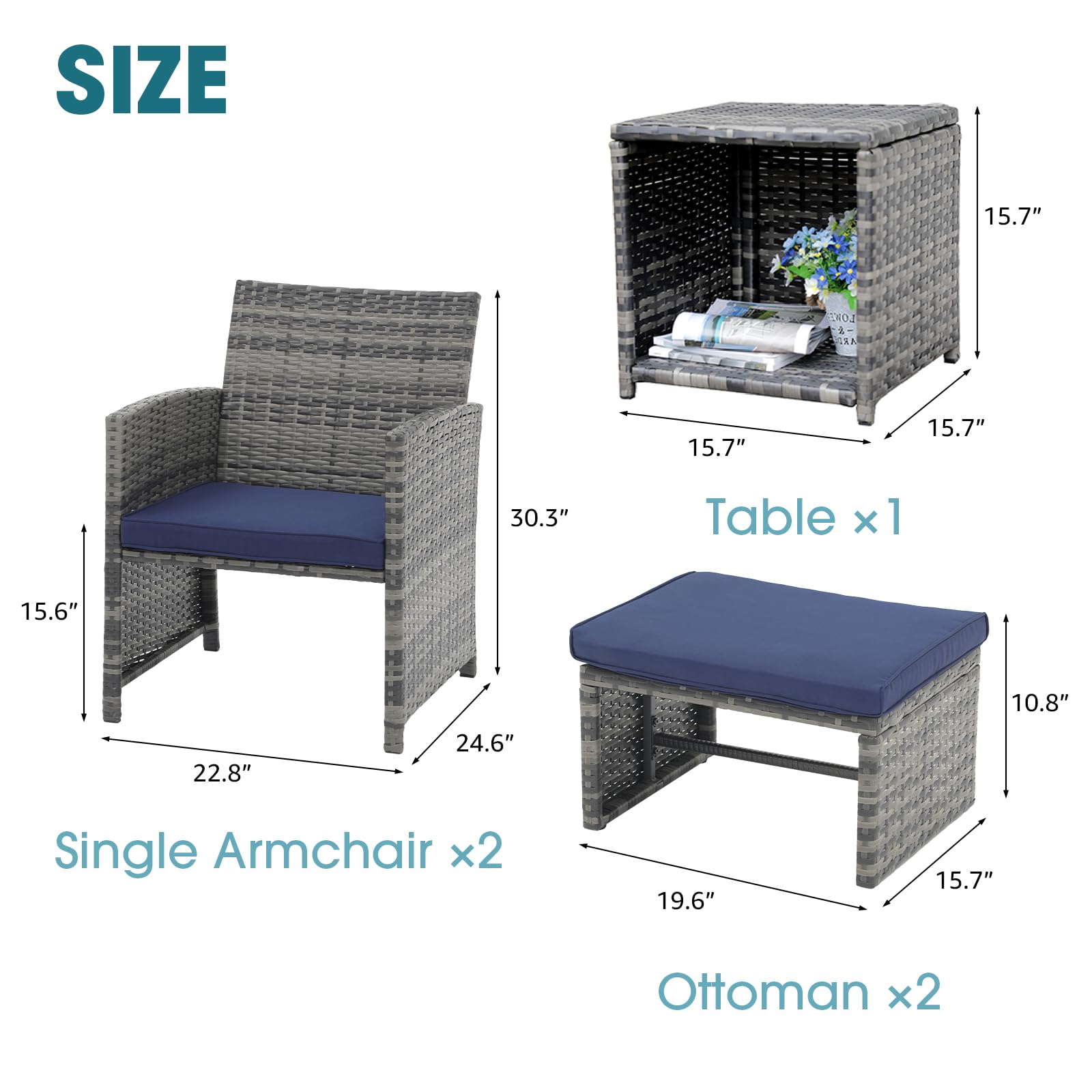 5pcs Wicker Patio Chair with Pull Out Ottomans & Storage Side Table,3 Cushon Colors