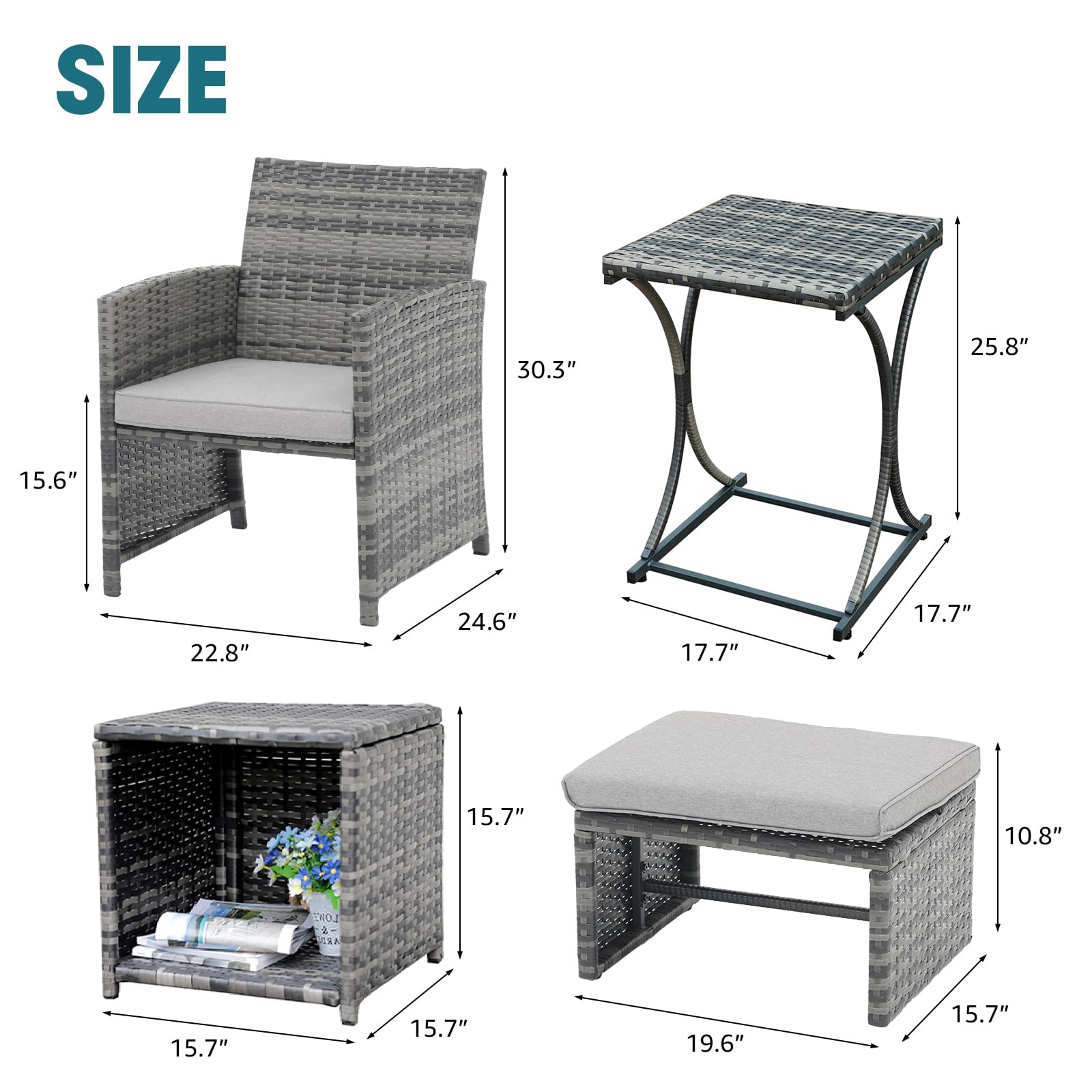 6pcs Wicker Patio Bistro Set Outdoor Conversation Set Patio Chairs with Ottomans & 2 Side Tables