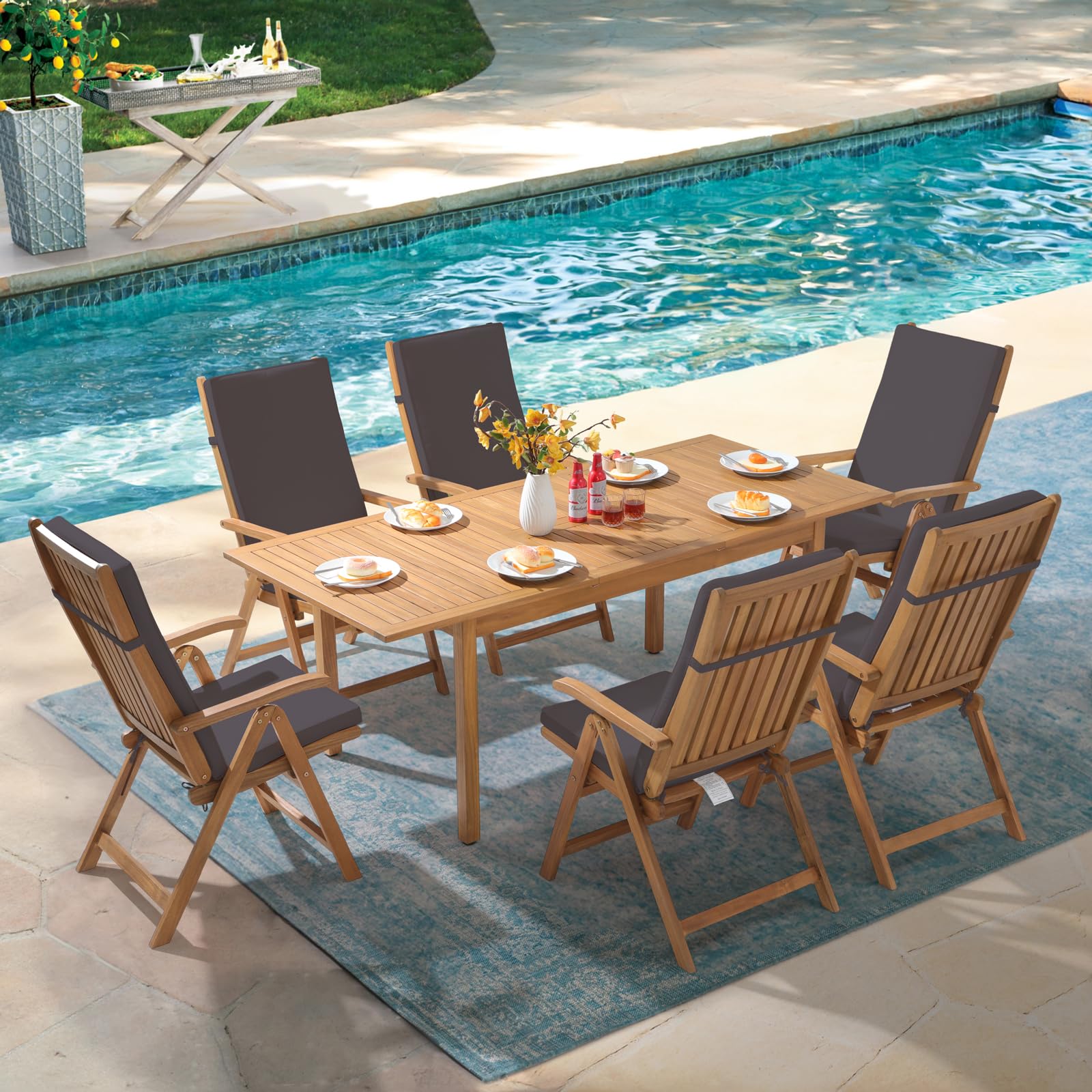 Folding Patio Dining Chair Set, Outdoor Acacia Wooden Reclining Chair, Set of 2, 2 Colors