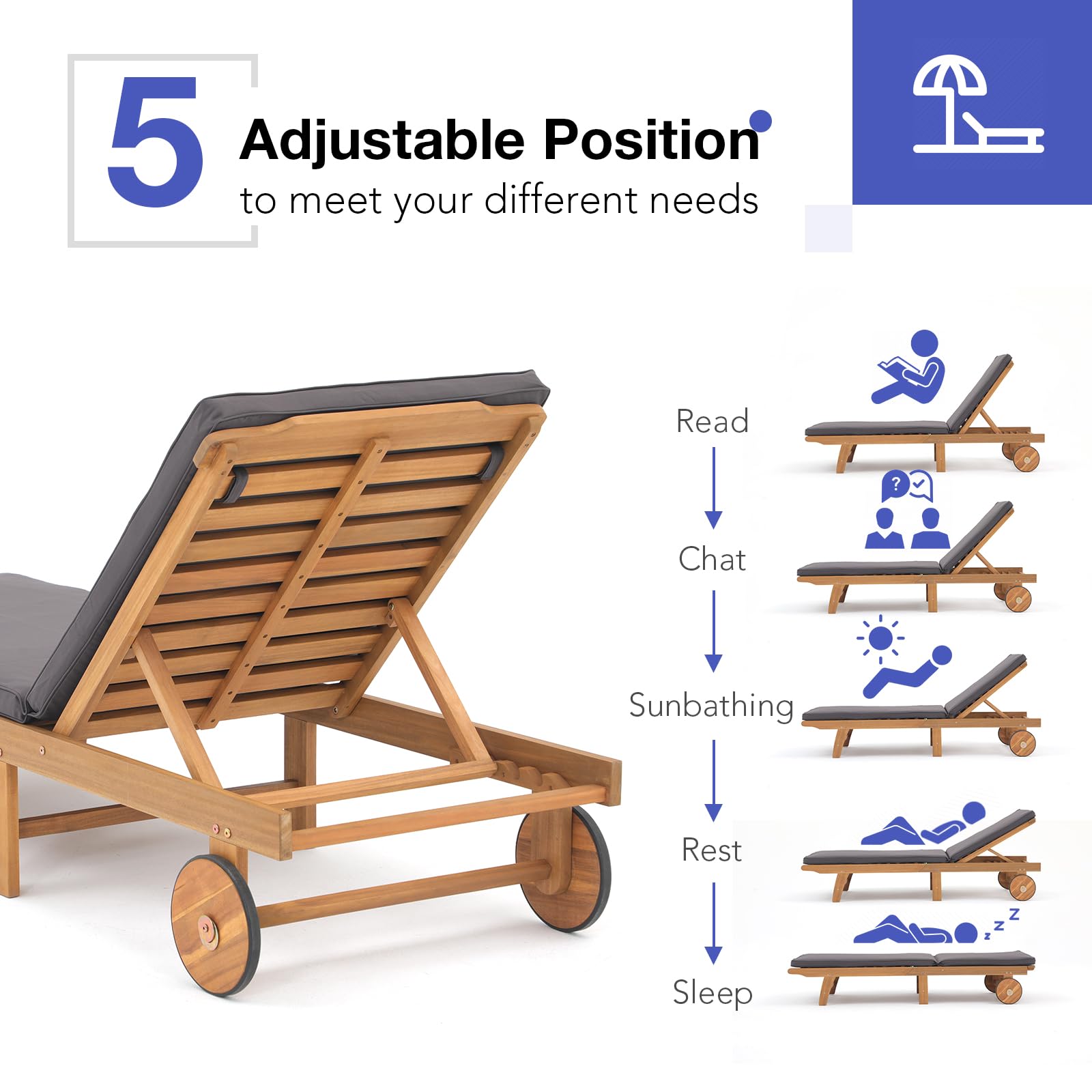 1-2 Pcs Folding Lounge Chair Acacia Wood Chaise Lounge, with Wheels, 2 Colors