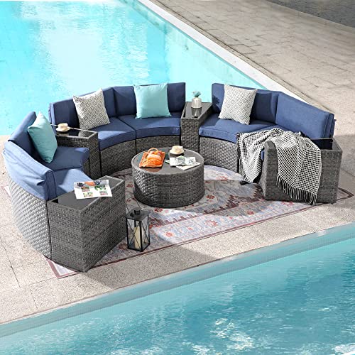 5-11 pcs Outdoor Curved Sofas, Curved Outdoor Sectionals,Denim Blue