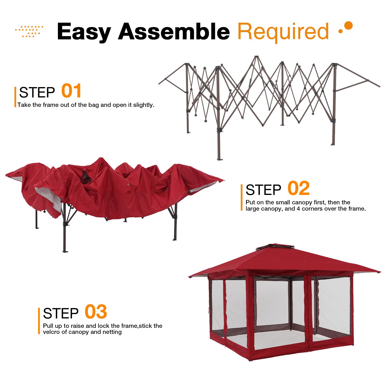 13’x13’ Pop Up Gazebo With Mosquito Netting, Outdoor Canopy Tent Shade, 5 colors, Metal Frame