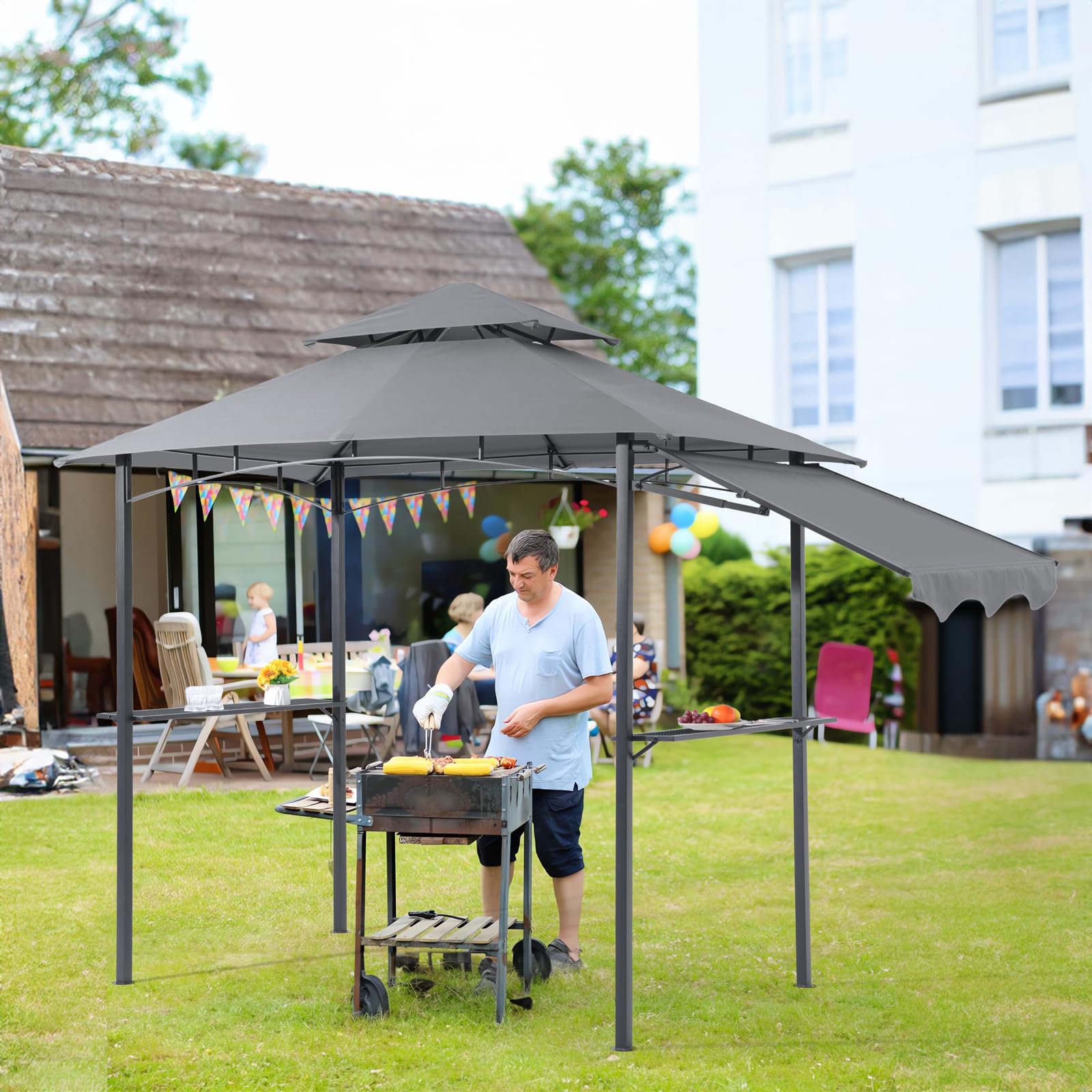 8' by 5' Metal Grill Gazebo with Side Awning, Double Tiered Soft Canopy Top, 4 Colors
