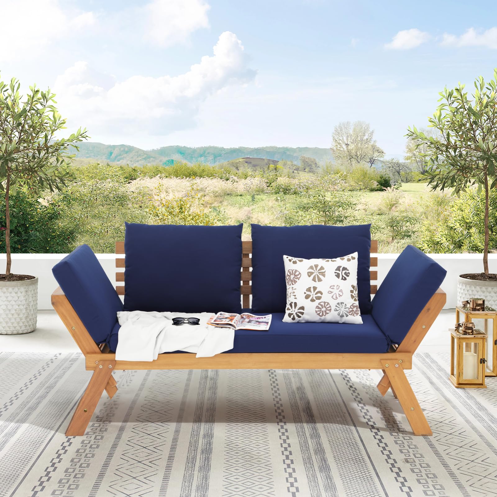 Outdoor Convertible Sofa Daybed, FSC Acacia Wood Patio Couch with Thick Cushion & Pillows 
