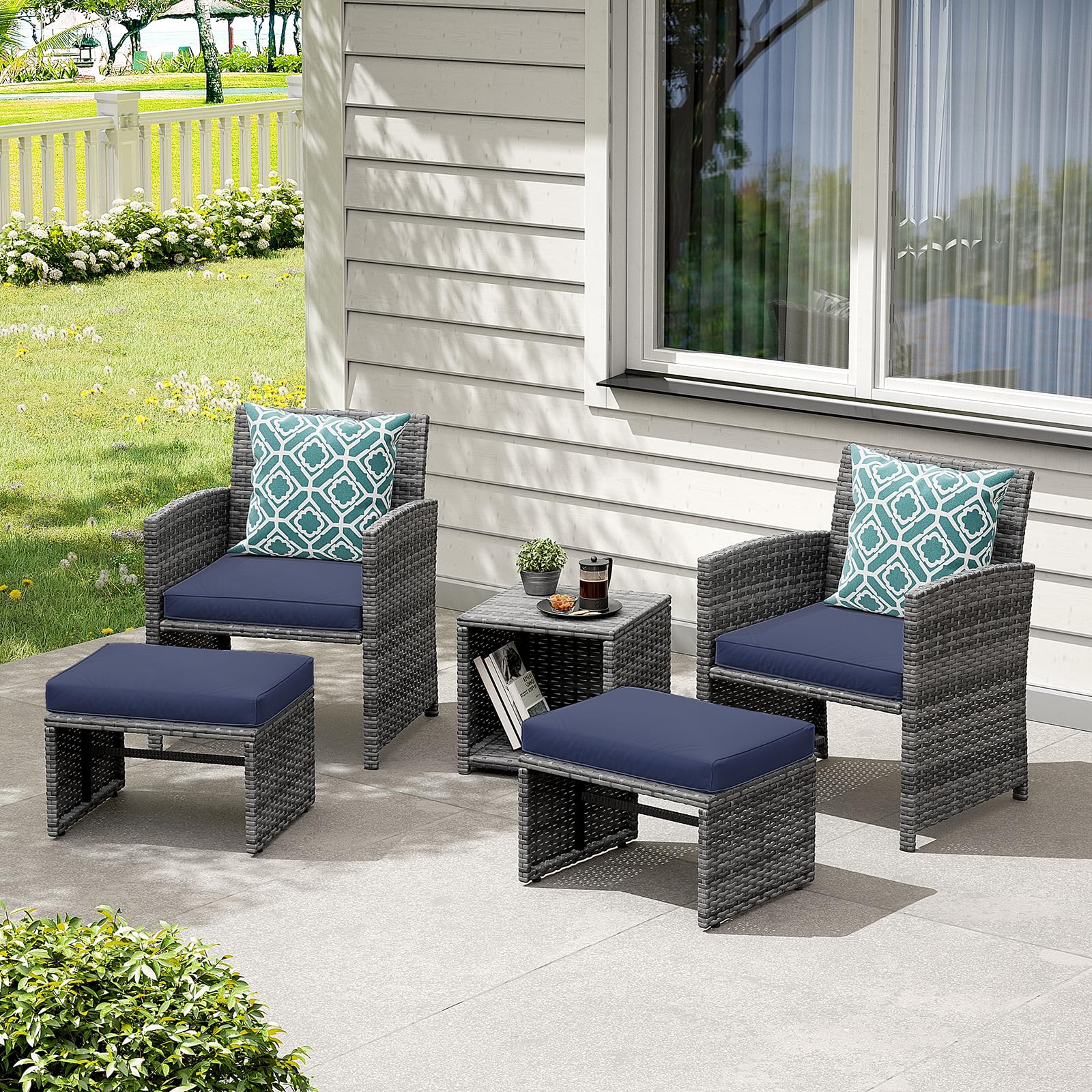 5pcs Wicker Patio Chair with Pull Out Ottomans & Storage Side Table,3 Cushon Colors
