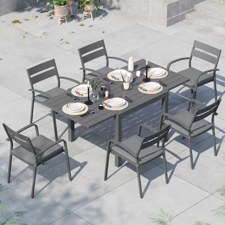 7pcs Patio Dining Set, Aluminum Outdoor Chairs and Table, White & Dark Grey