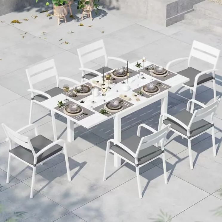 7pcs Patio Dining Set, Aluminum Outdoor Chairs and Table, White & Dark Grey