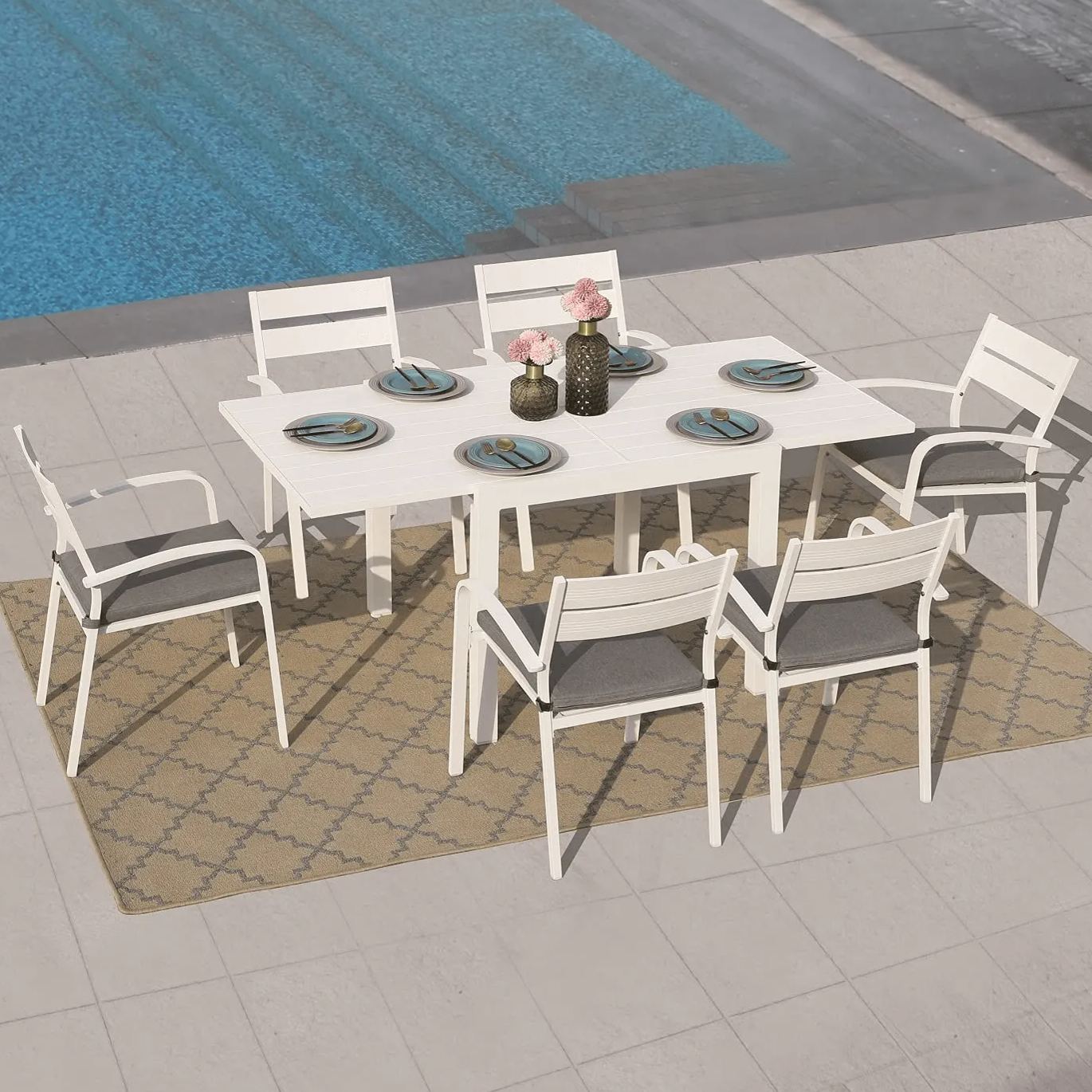 7pcs Patio Dining Set, Aluminum Outdoor Chairs and Table, White & Dark Grey | Orange-Casual