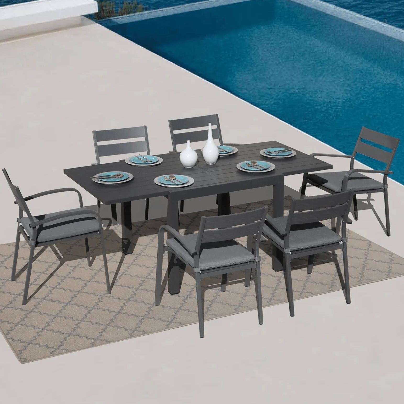 7pcs Patio Dining Set, Aluminum Outdoor Chairs and Table, White & Dark Grey | Orange-Casual