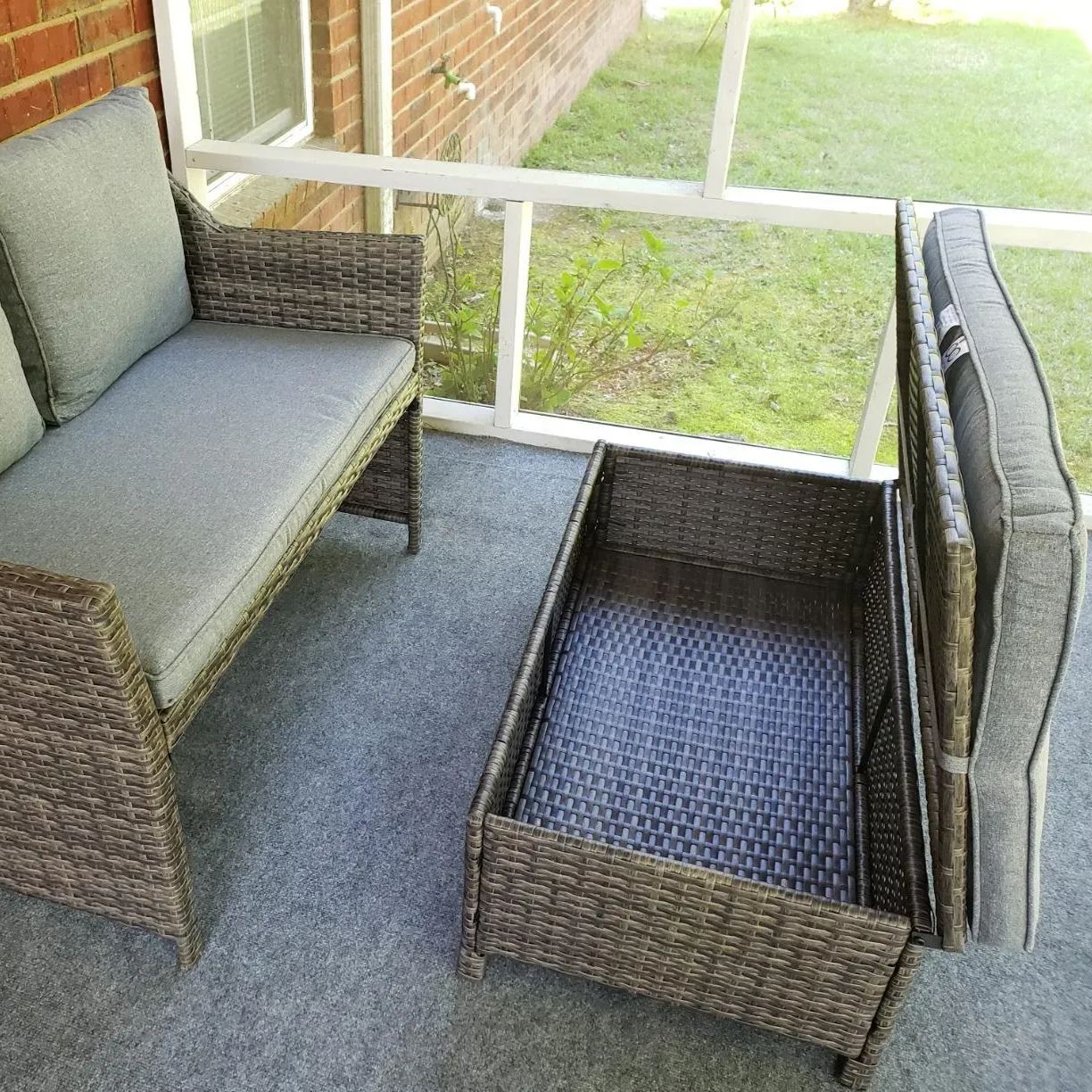 2pcs Loveseat Set with Storage Bin Wicker Outdoor Conversation Set