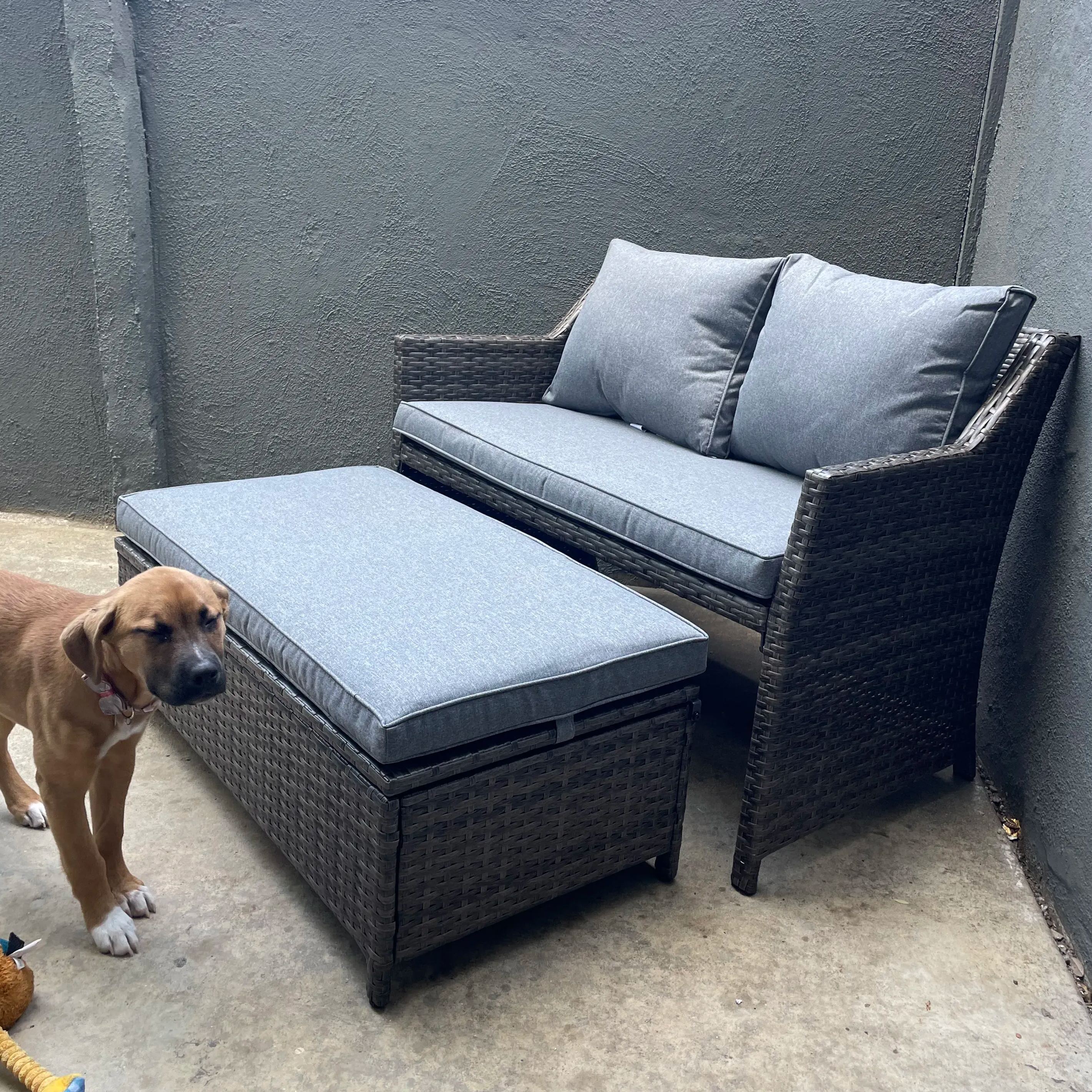 2pcs Loveseat Set with Storage Bin Wicker Outdoor Conversation Set