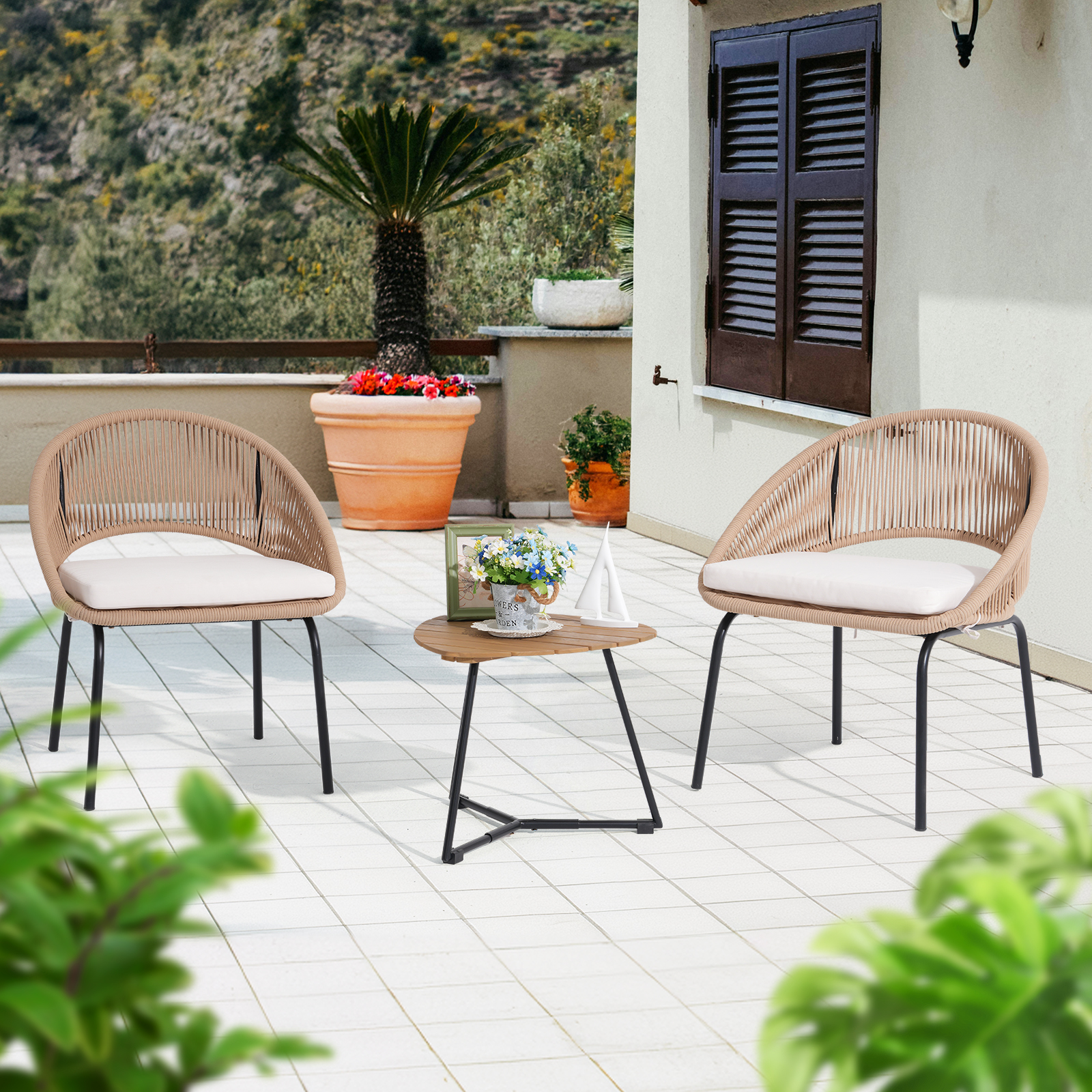  3pcs Outdoor Bistro Set,Metal Woven Rope furniture set, 3pcs patio set, With Black /Grey/Beige Cushions
