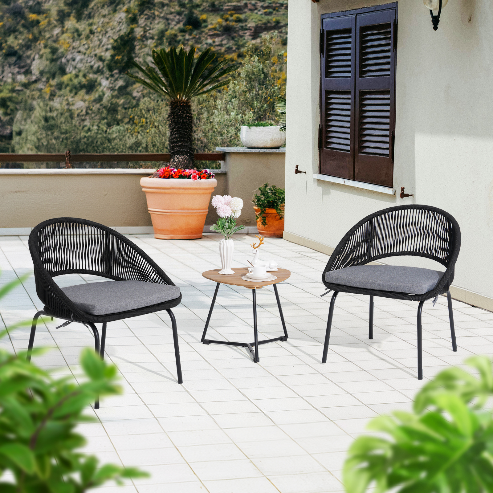 3pcs Outdoor Bistro Set,Metal Woven Rope furniture set, 3pcs patio set, With Black /Grey/Beige Cushions