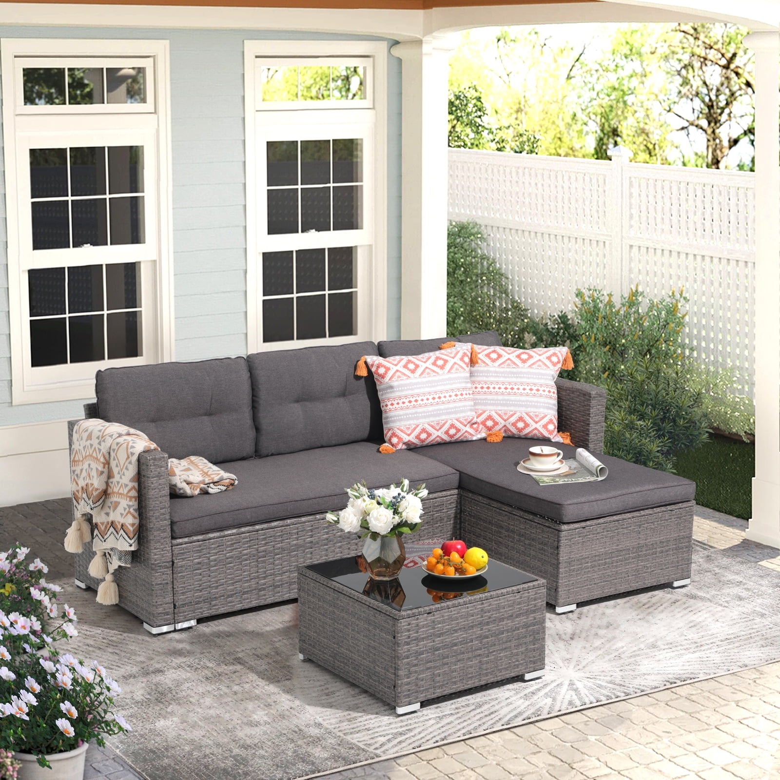 3pcs Outdoor Patio Sectional Set Wicker Furniture Set For Small Spaces