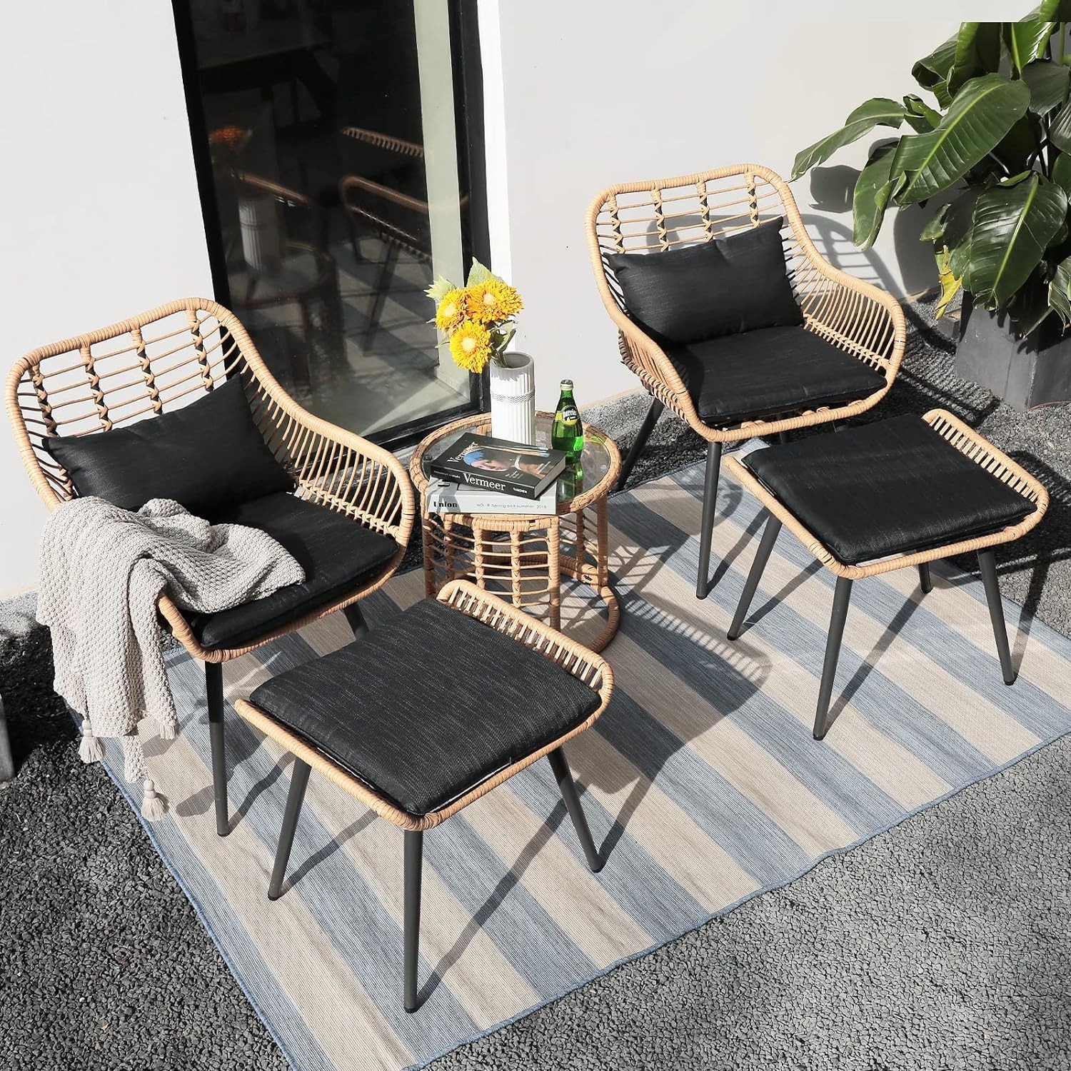 5pcs Wicker Patio Bistro Set With Ottomans and Cushions