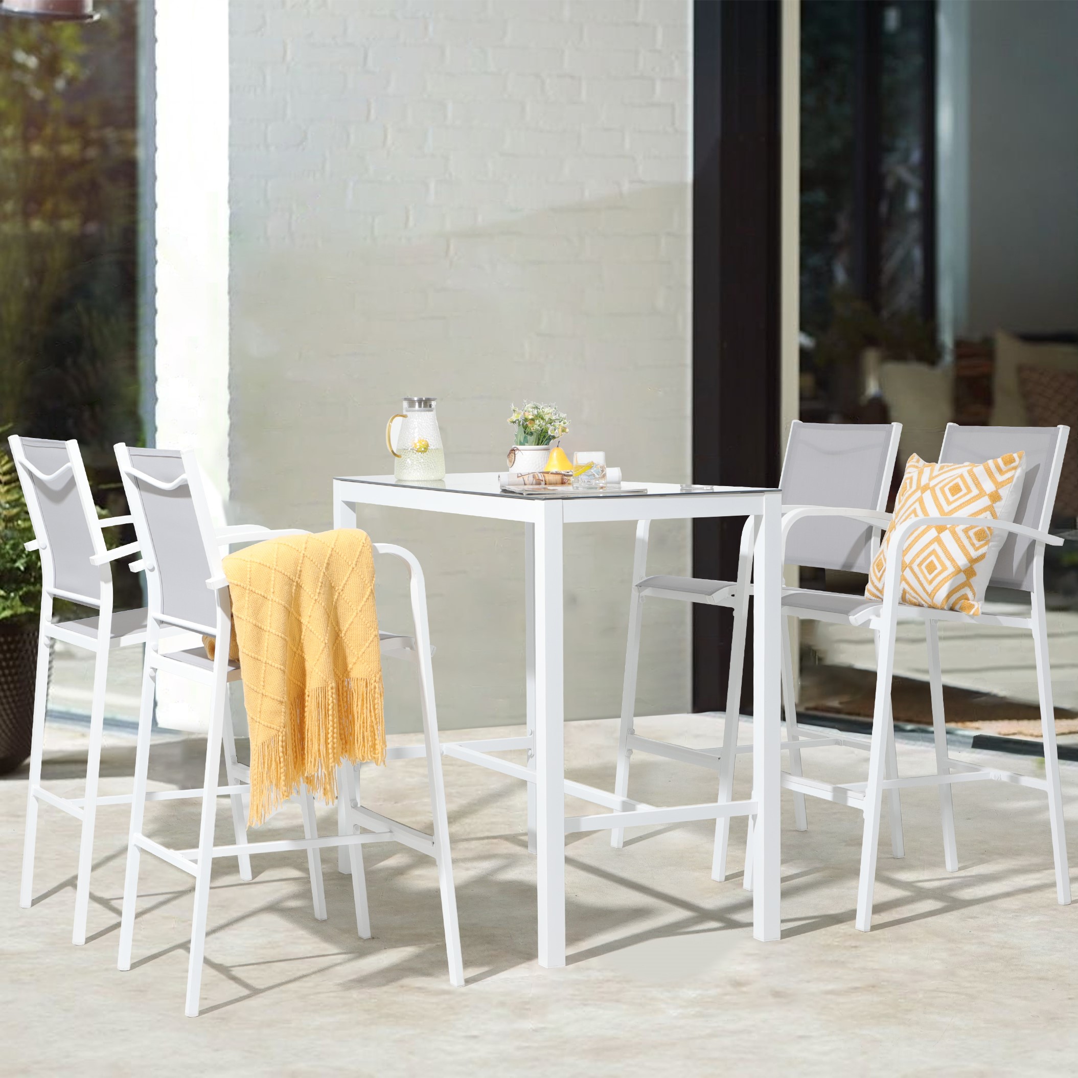 5 pcs Aluminum Patio Bar Set, Outdoor Bar Height Dining Table and Chairs