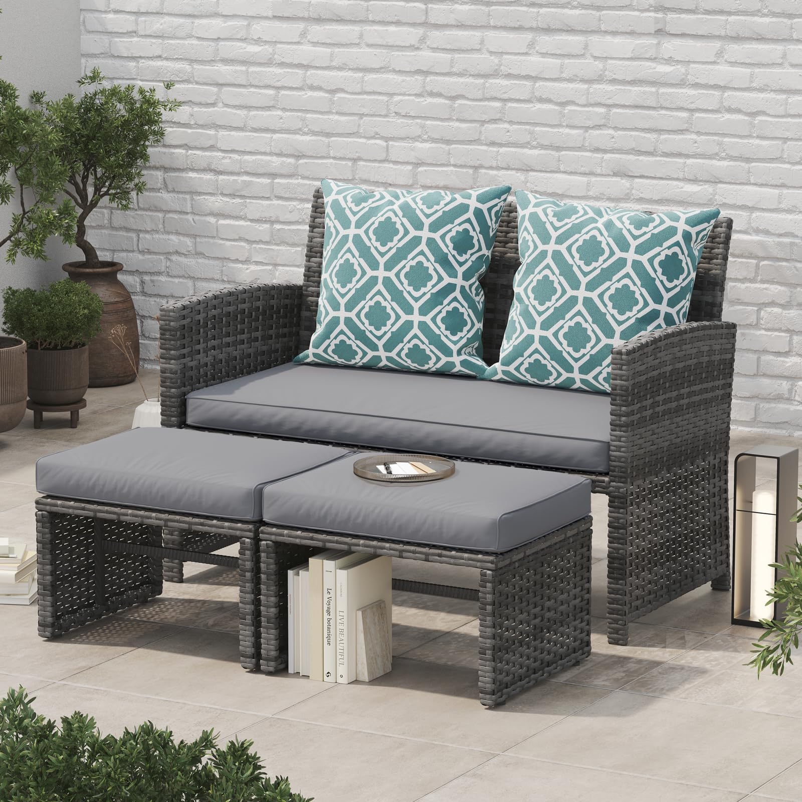 3pcs Wicker Outdoor Loveseat and Ottomans, 2 Cushion Colors
